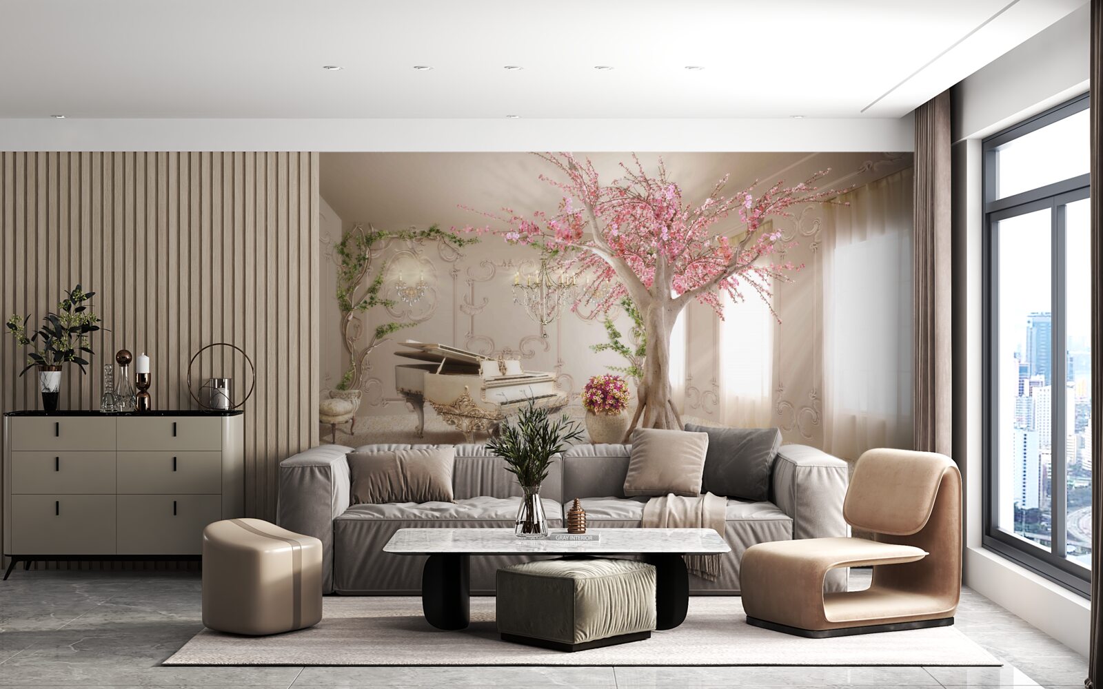 Fototapeta magiczny salon z drzewem sakura