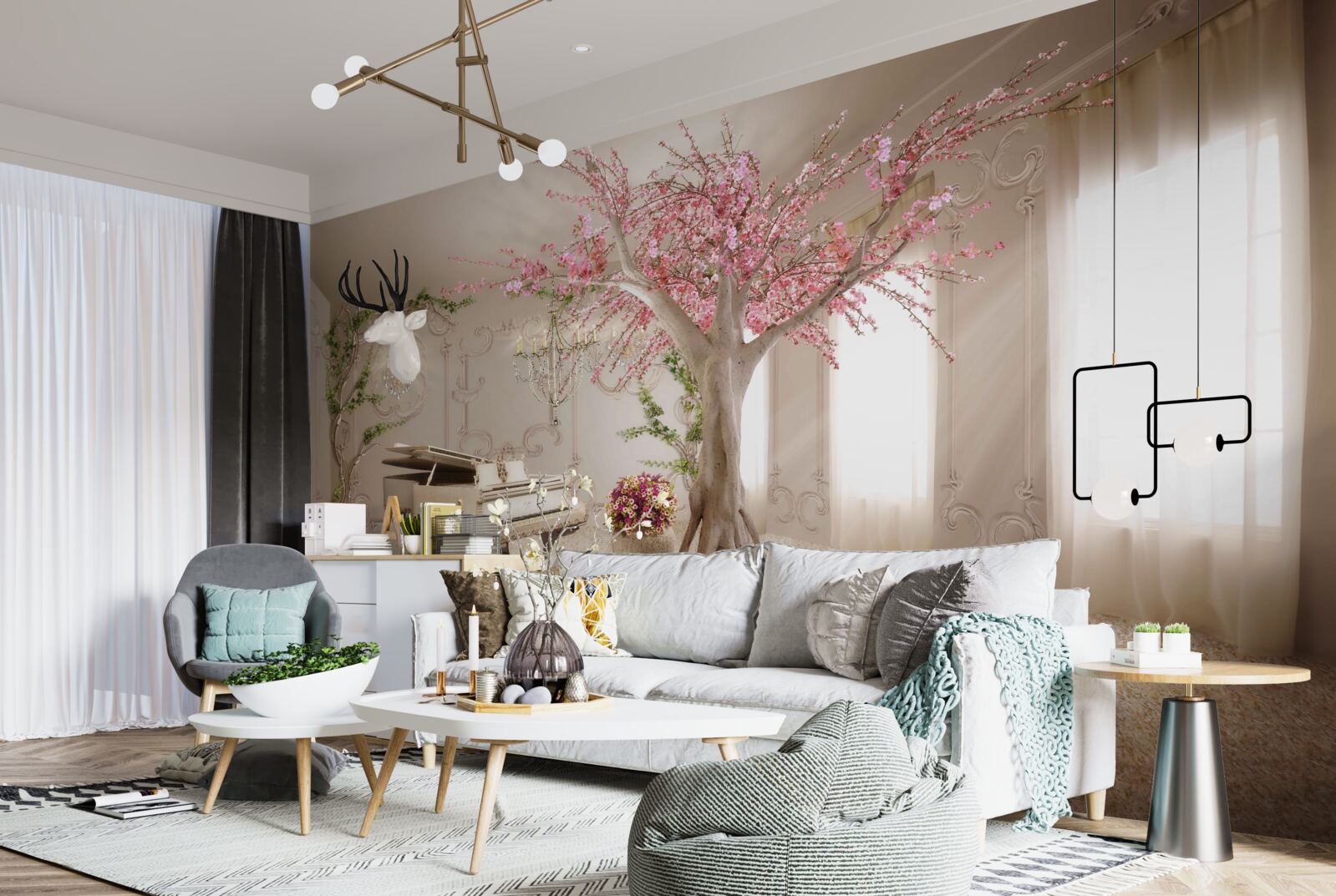 Fototapeta magiczny salon z drzewem sakura