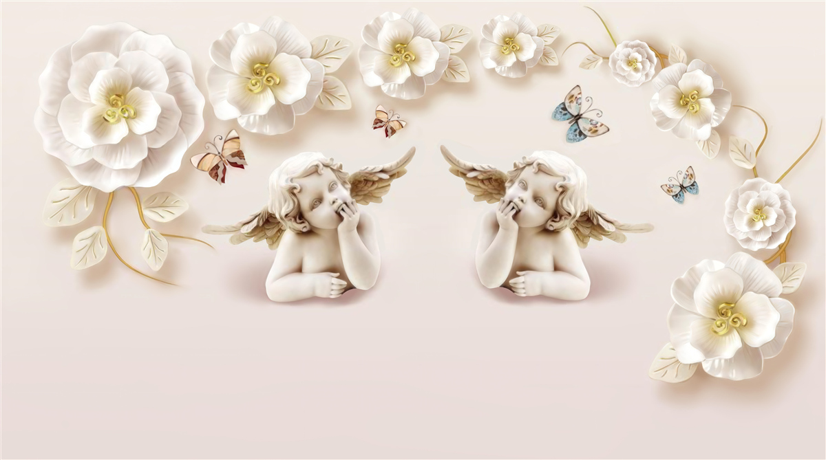 Fototapeta para aniołów, śnieżnobiałe róże i ćmy