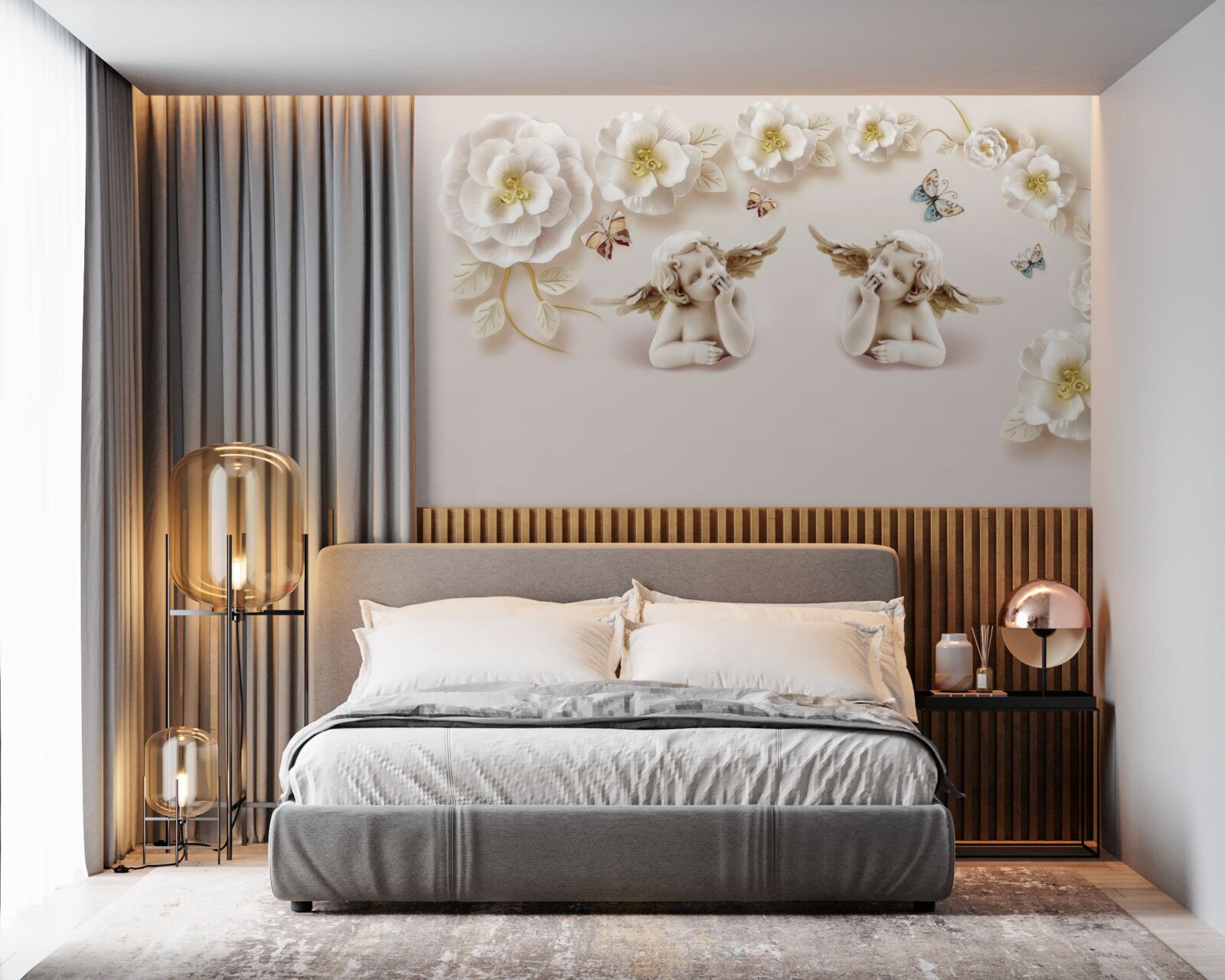 Fototapeta para aniołów, śnieżnobiałe róże i ćmy