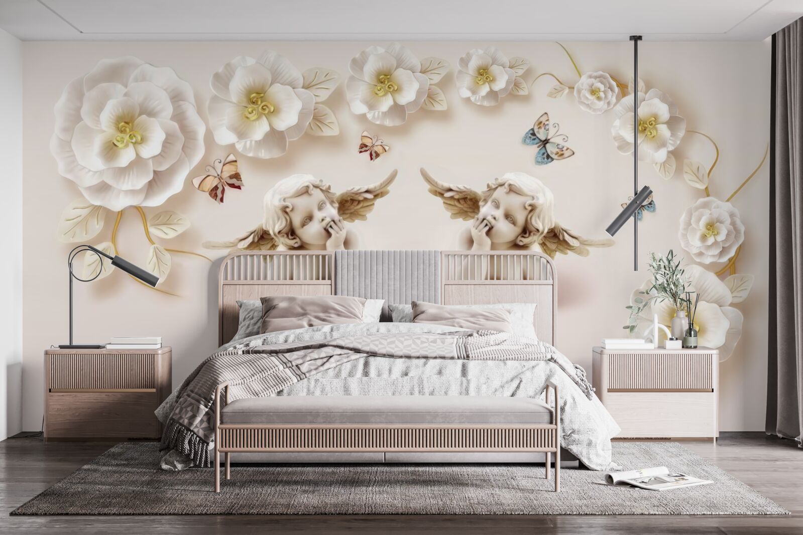 Fototapeta para aniołów, śnieżnobiałe róże i ćmy