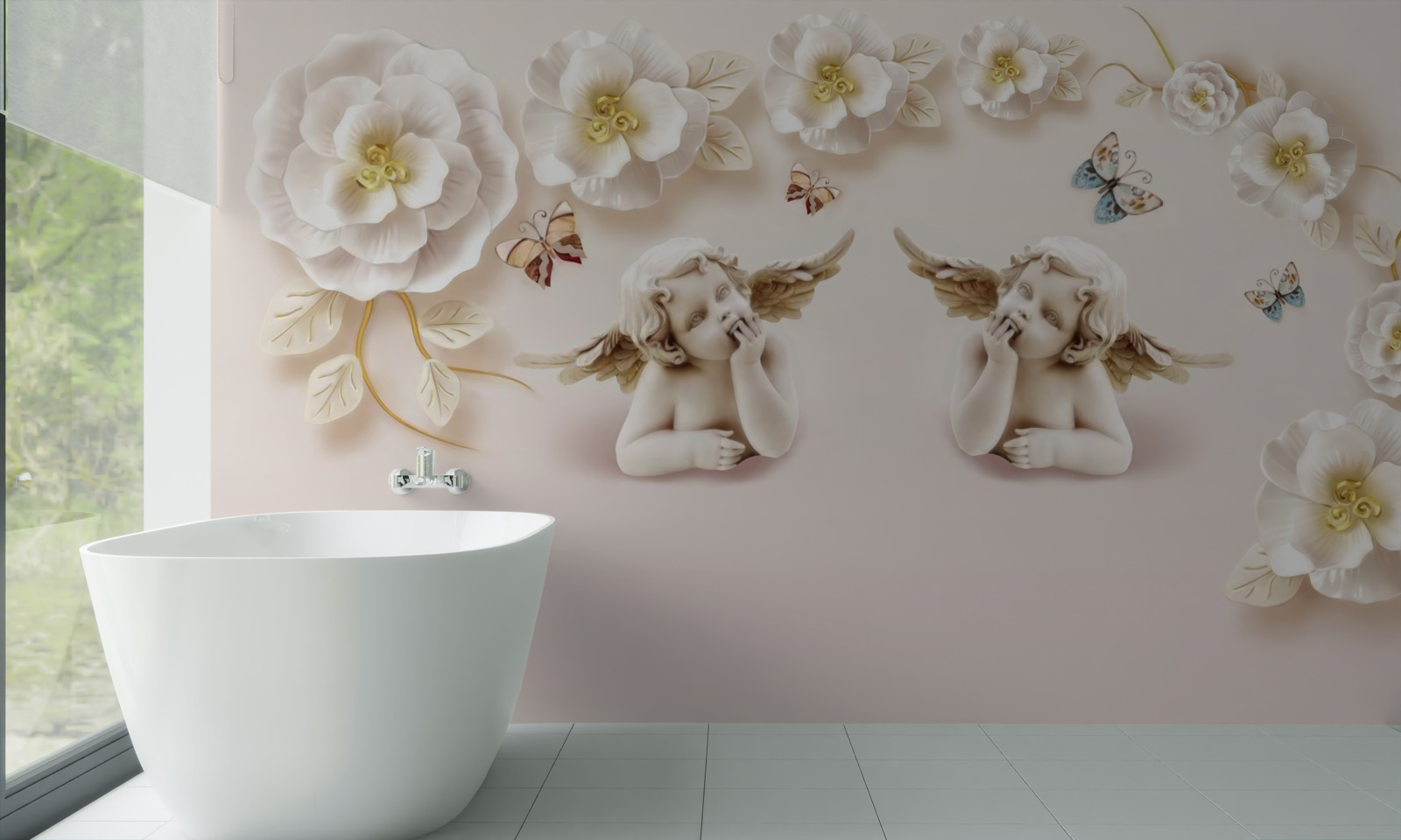 Fototapeta para aniołów, śnieżnobiałe róże i ćmy