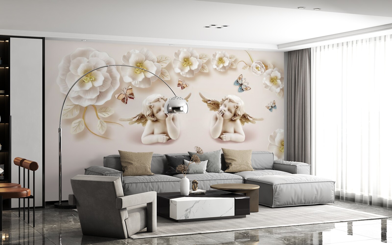 Fototapeta para aniołów, śnieżnobiałe róże i ćmy