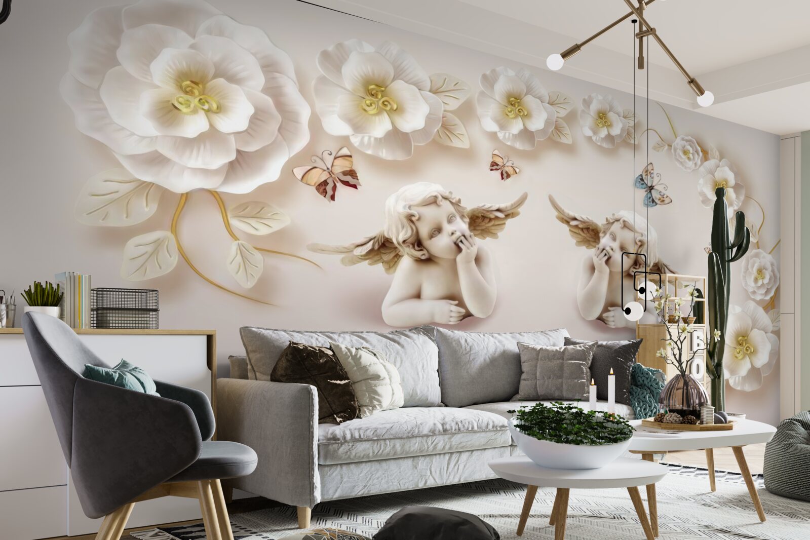 Fototapeta para aniołów, śnieżnobiałe róże i ćmy