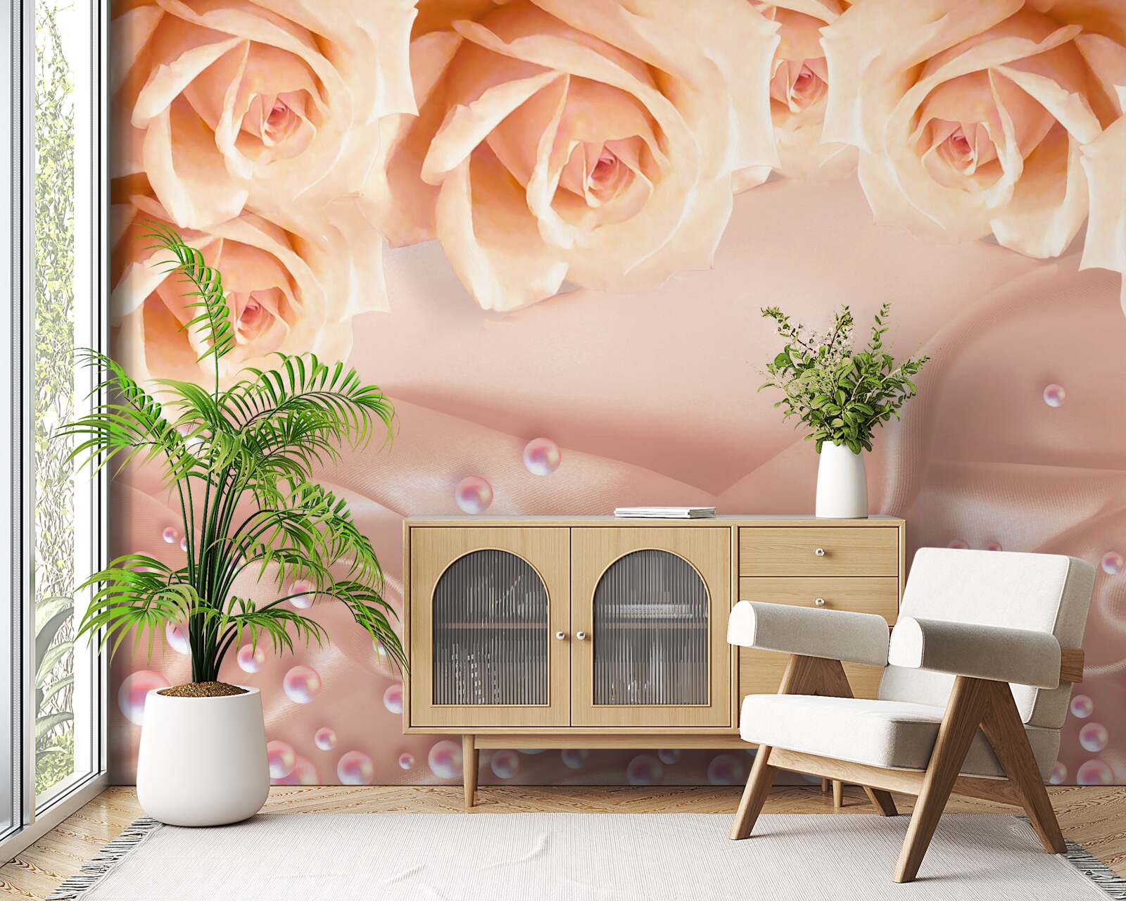 Fototapeta perły i pomarańczowe róże