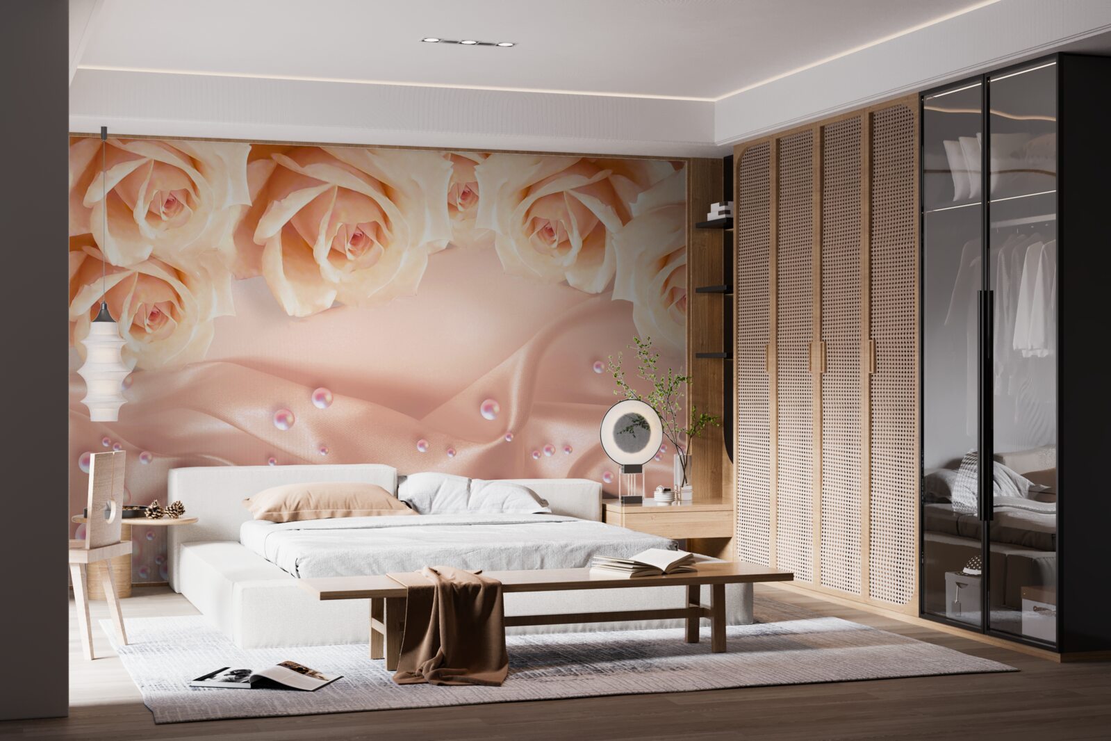 Fototapeta perły i pomarańczowe róże