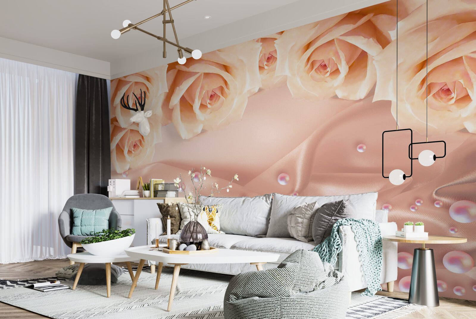 Fototapeta perły i pomarańczowe róże