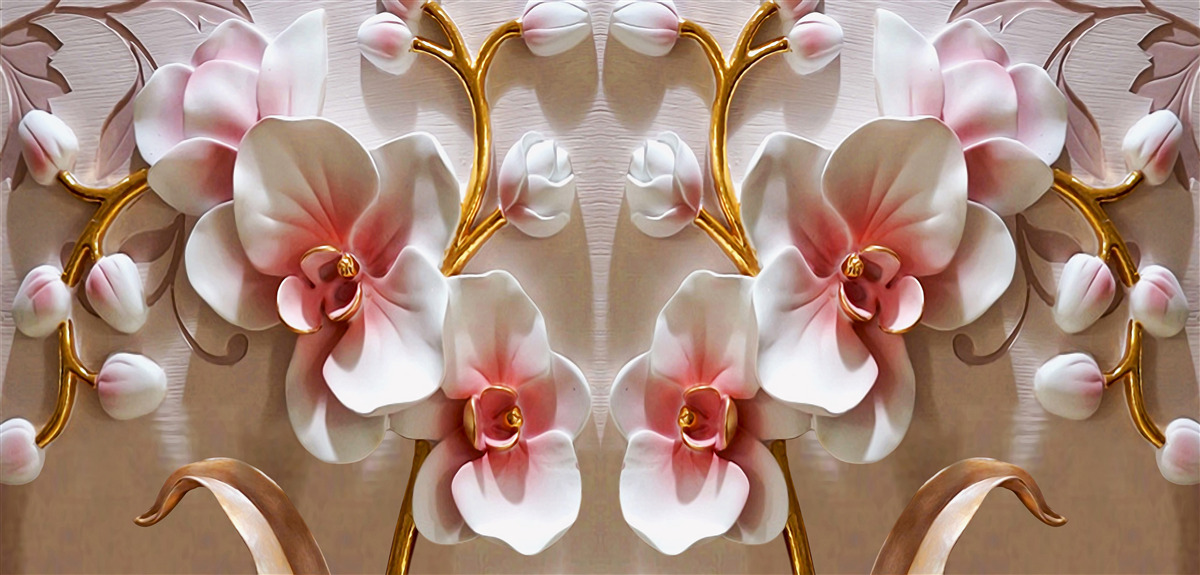 Fototapeta pąki orchidei odbite w śnieżnobiałym kolorze