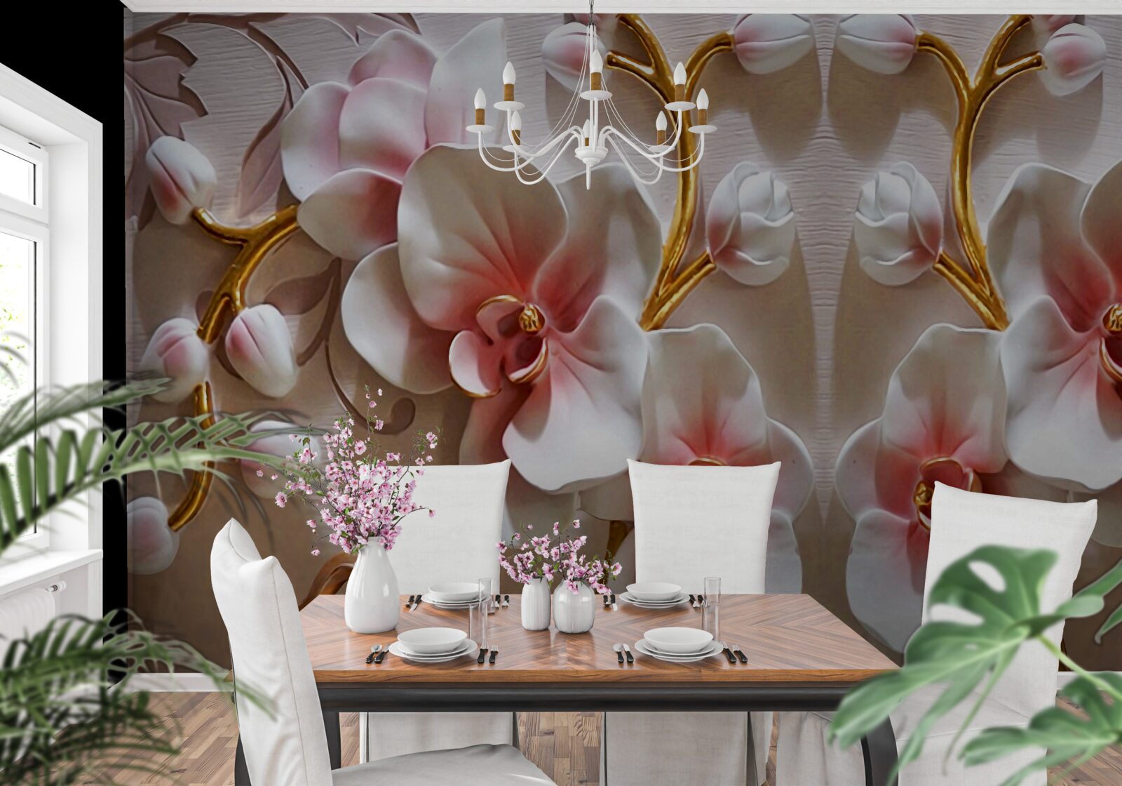 Fototapeta pąki orchidei odbite w śnieżnobiałym kolorze