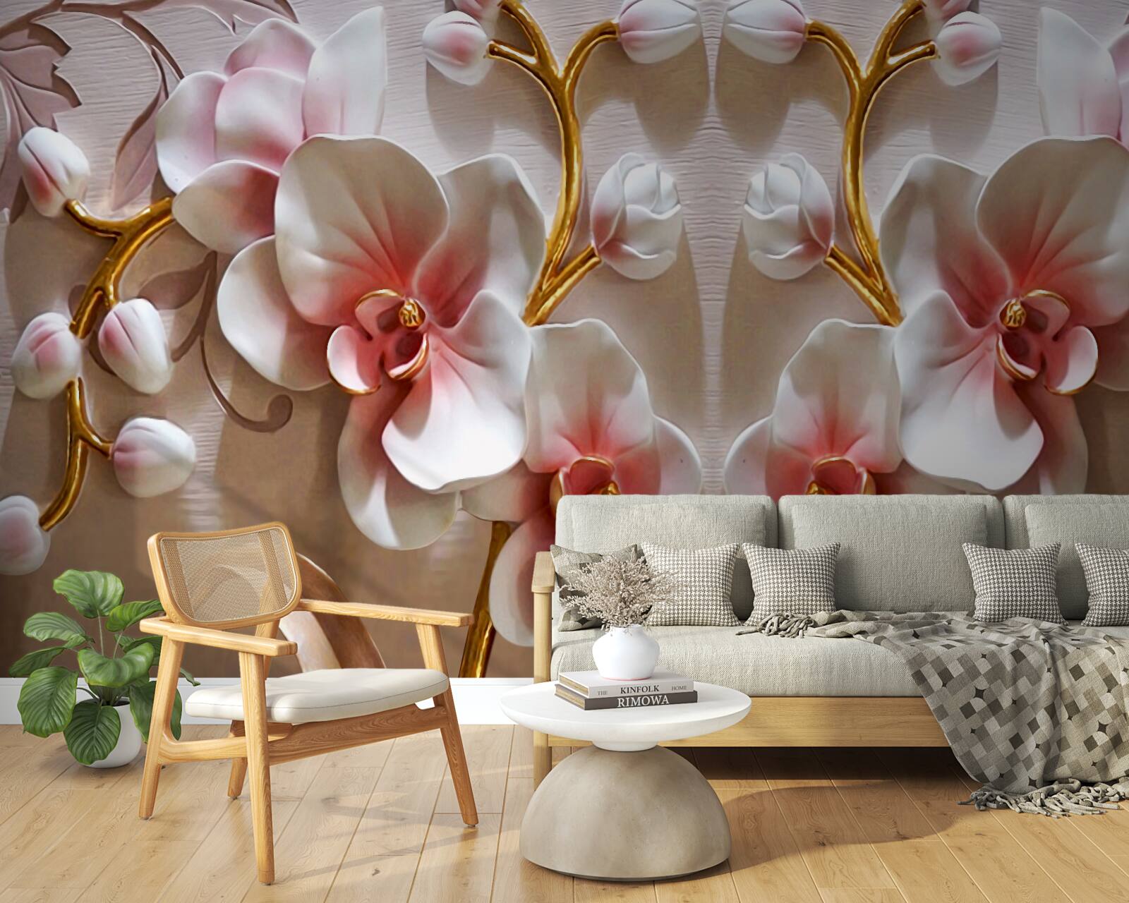 Fototapeta pąki orchidei odbite w śnieżnobiałym kolorze