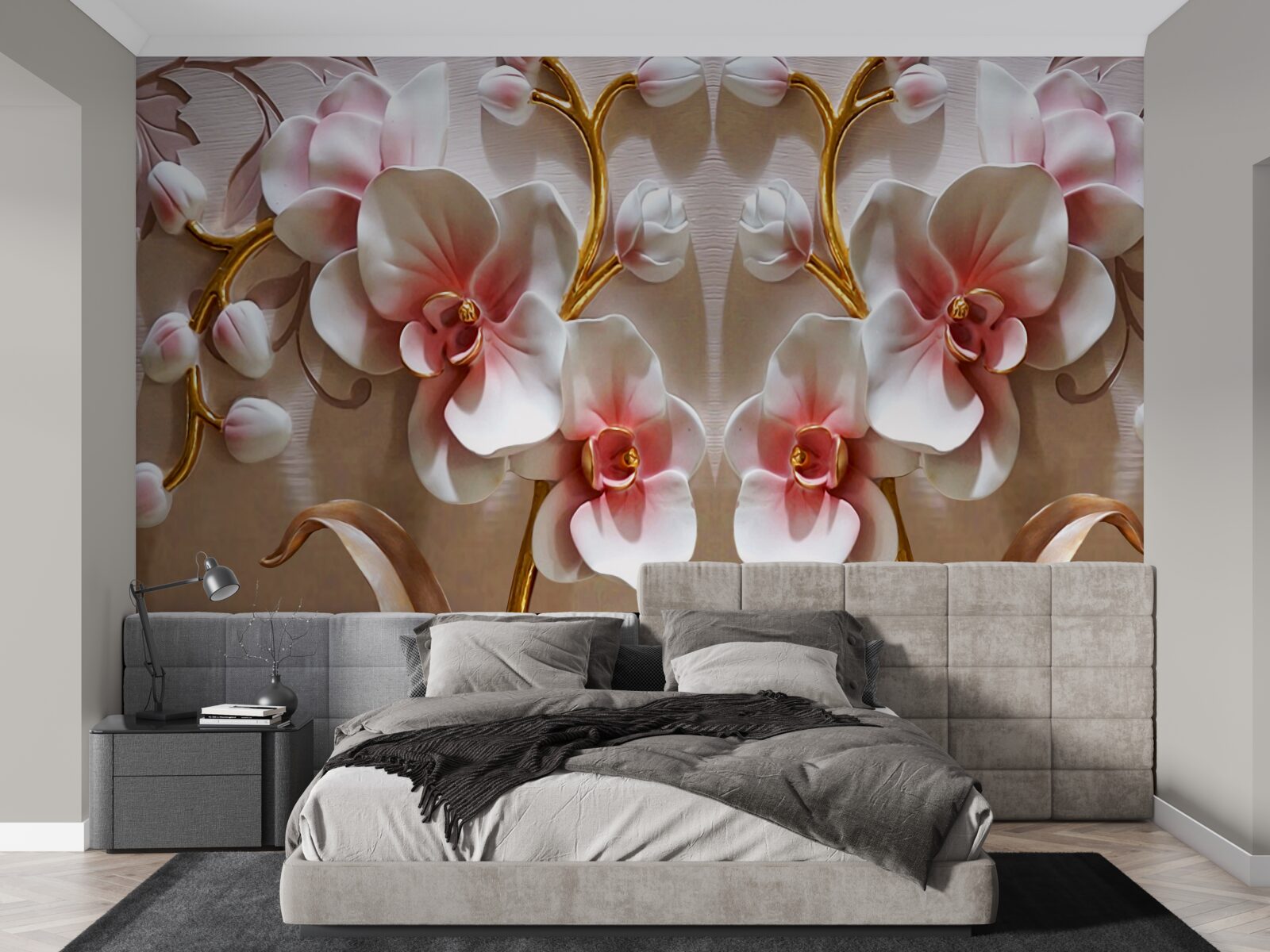 Fototapeta pąki orchidei odbite w śnieżnobiałym kolorze