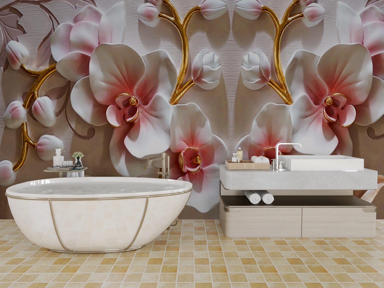 Fototapeta pąki orchidei odbite w śnieżnobiałym kolorze