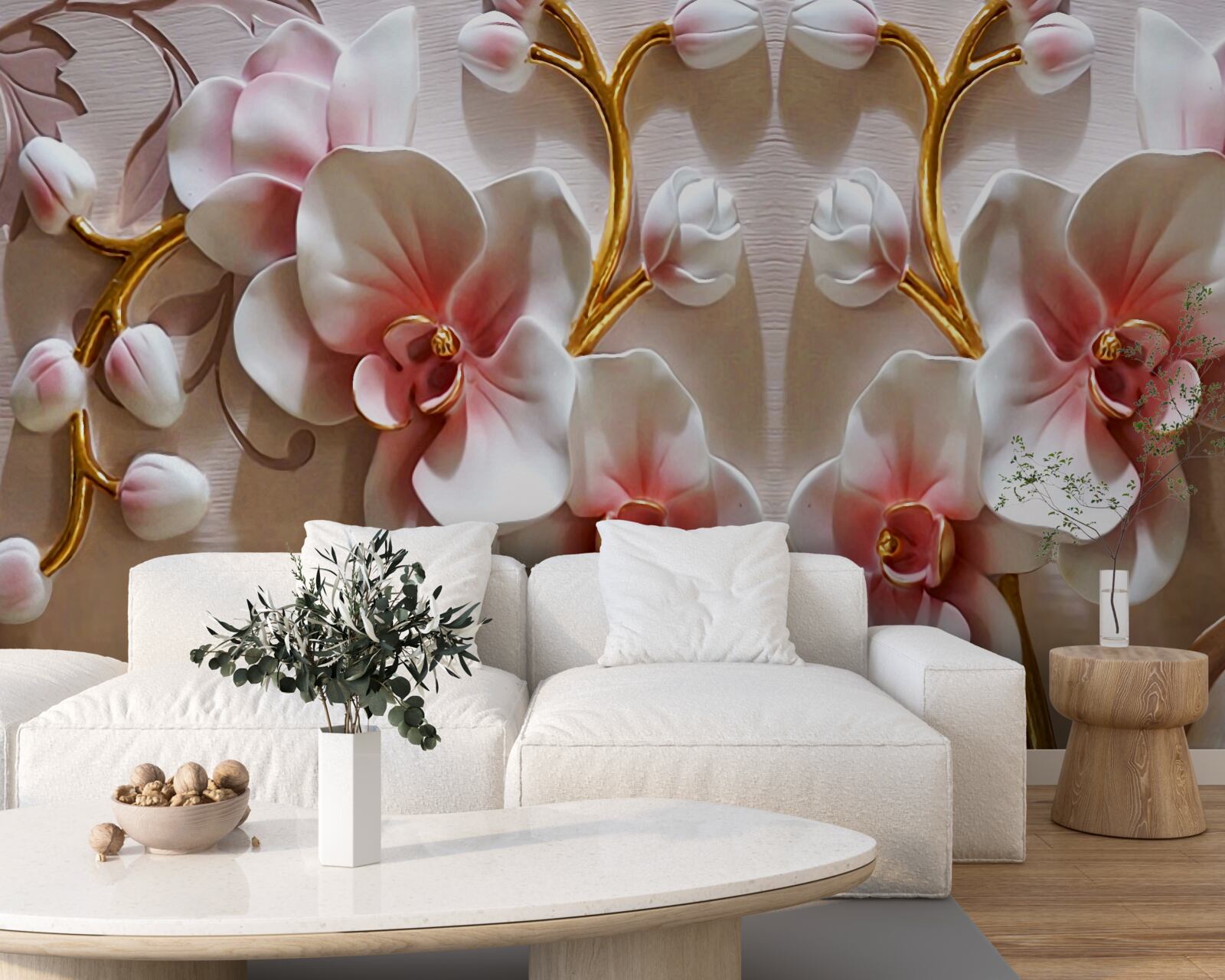 Fototapeta pąki orchidei odbite w śnieżnobiałym kolorze