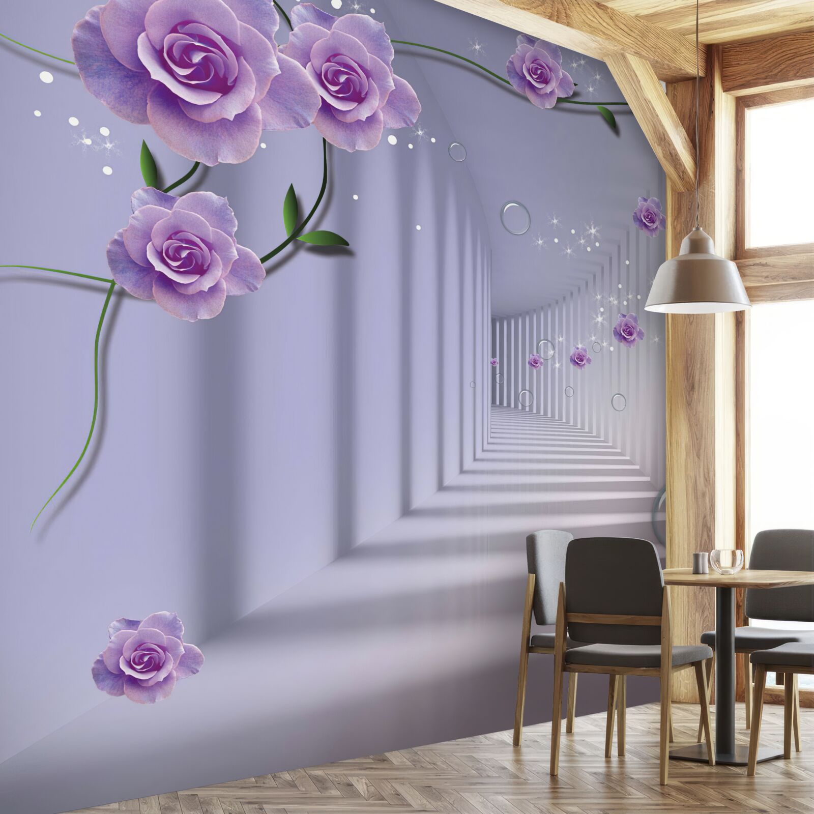 Fototapeta w perspektywie tunel ozdobiony fioletową różą