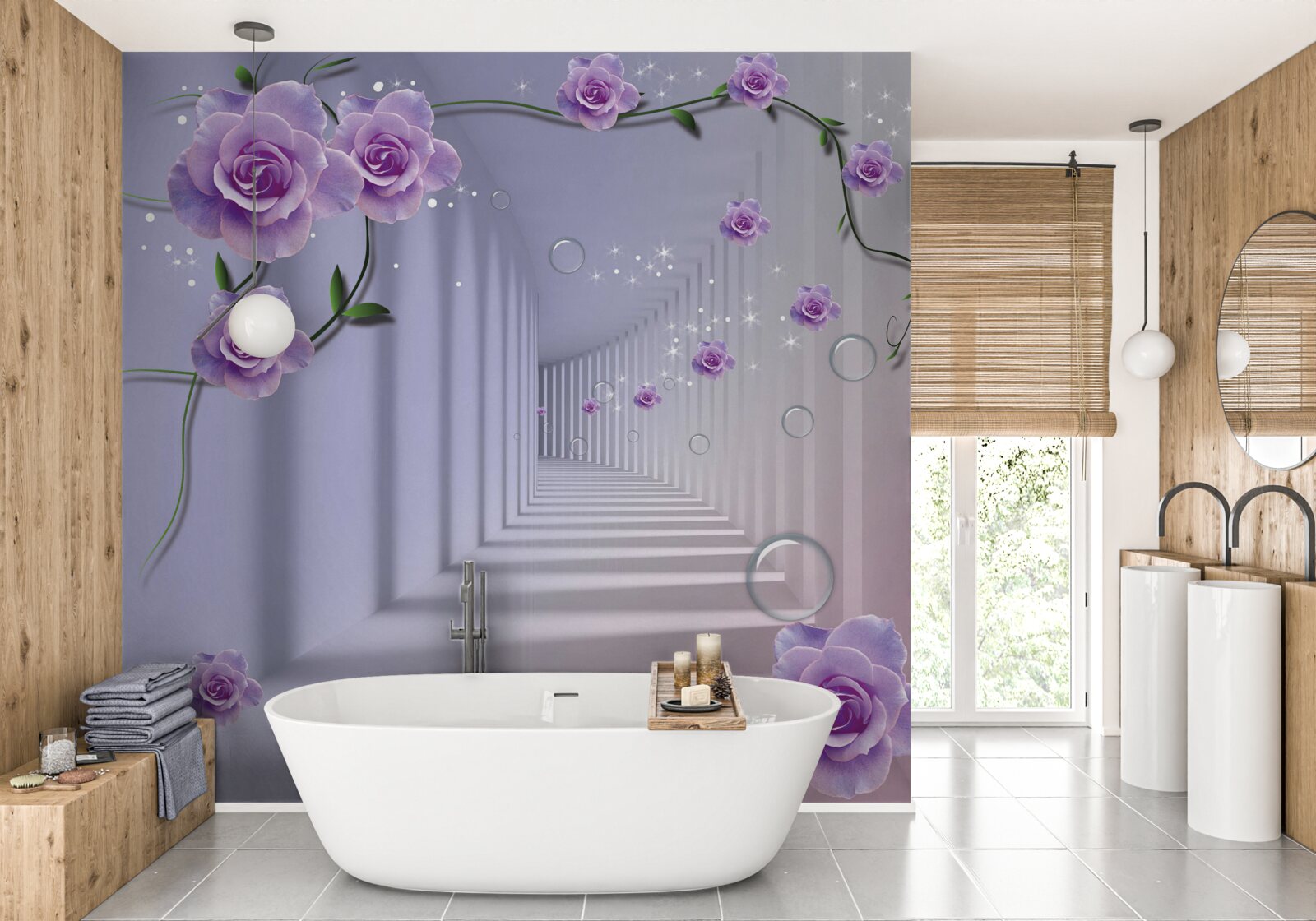 Fototapeta w perspektywie tunel ozdobiony fioletową różą