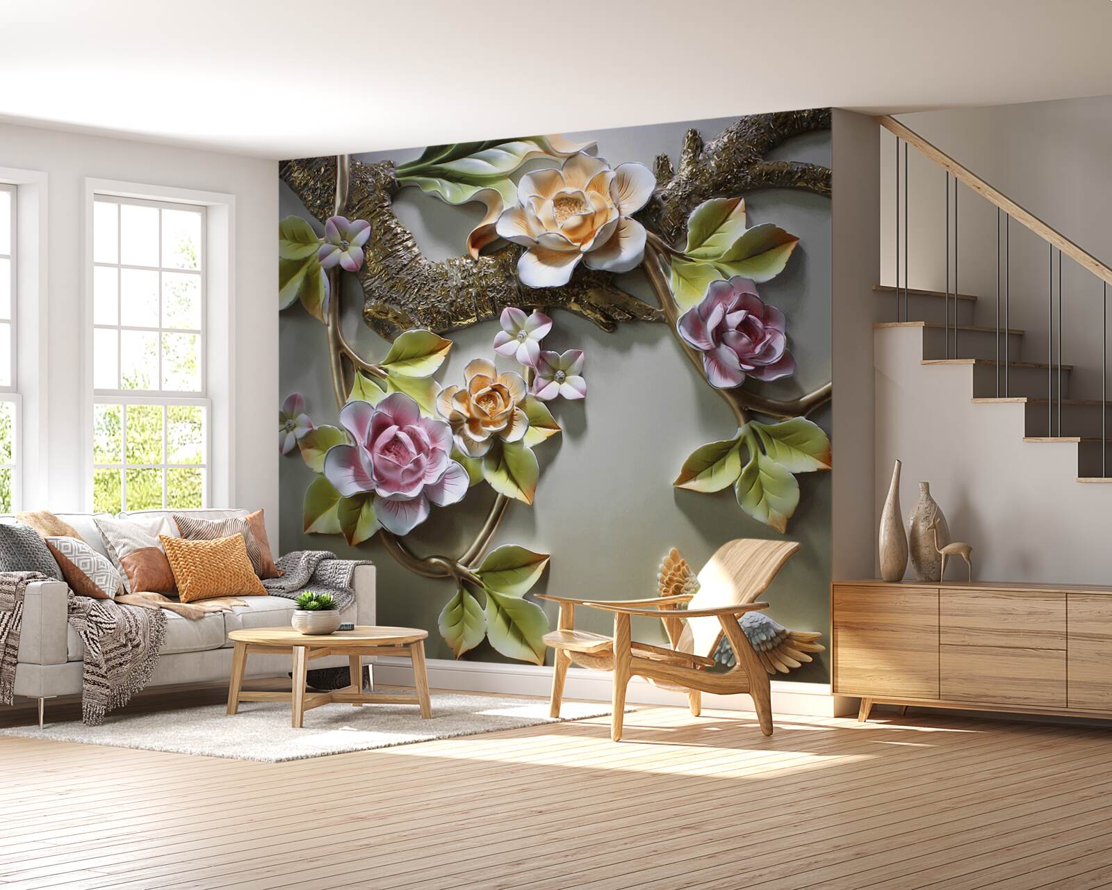 Fototapeta kwiaty lotosu w odcieniach żółtego i biało-fioletowego oraz ptak