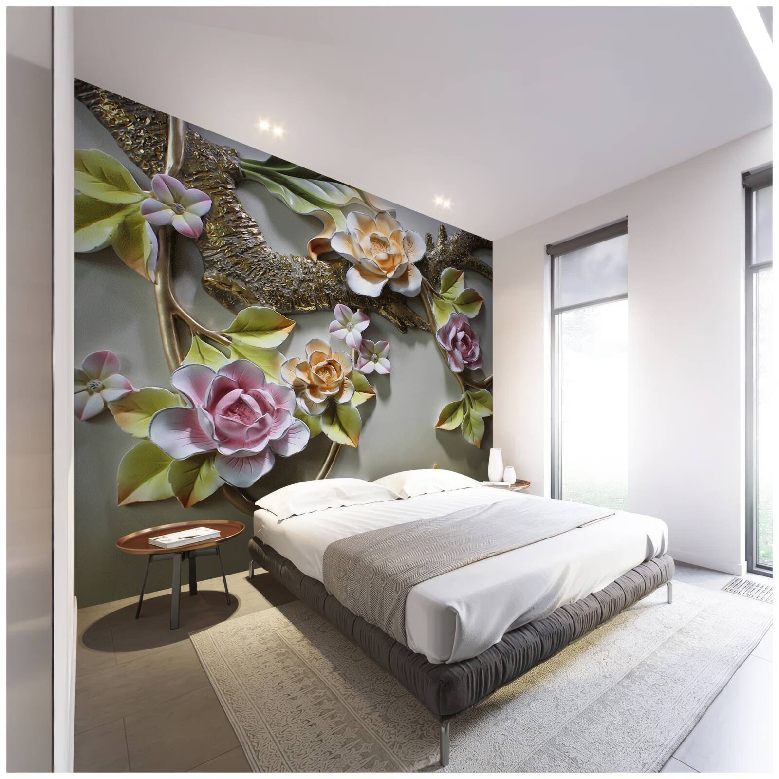 Fototapeta kwiaty lotosu w odcieniach żółtego i biało-fioletowego oraz ptak