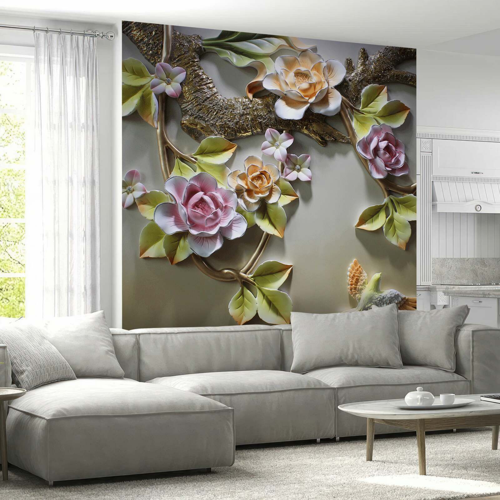 Fototapeta kwiaty lotosu w odcieniach żółtego i biało-fioletowego oraz ptak