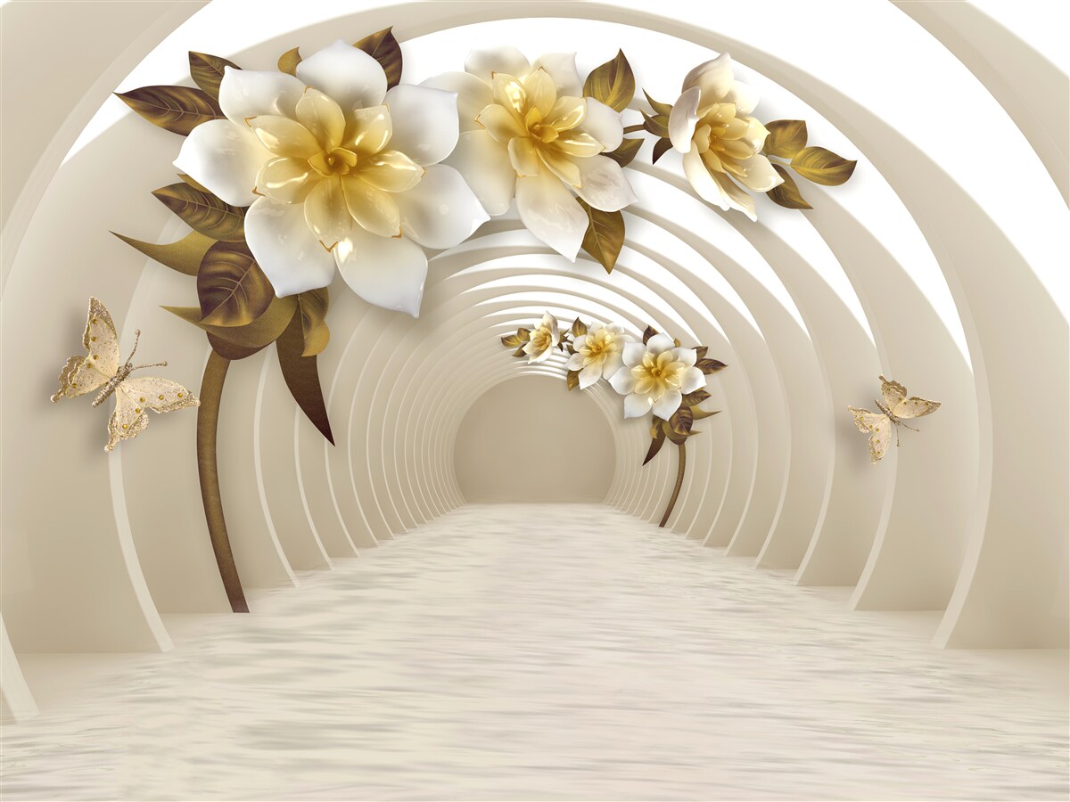 Fototapeta patrząc z perspektywy, można dostrzec białe lotosy ozdobione złotem