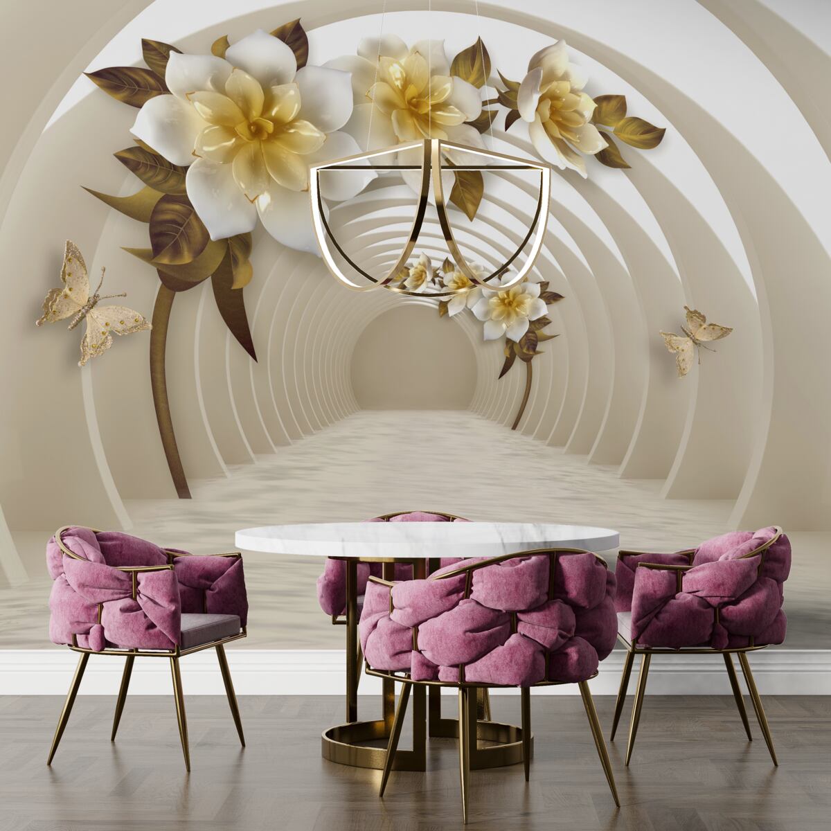 Fototapeta patrząc z perspektywy, można dostrzec białe lotosy ozdobione złotem