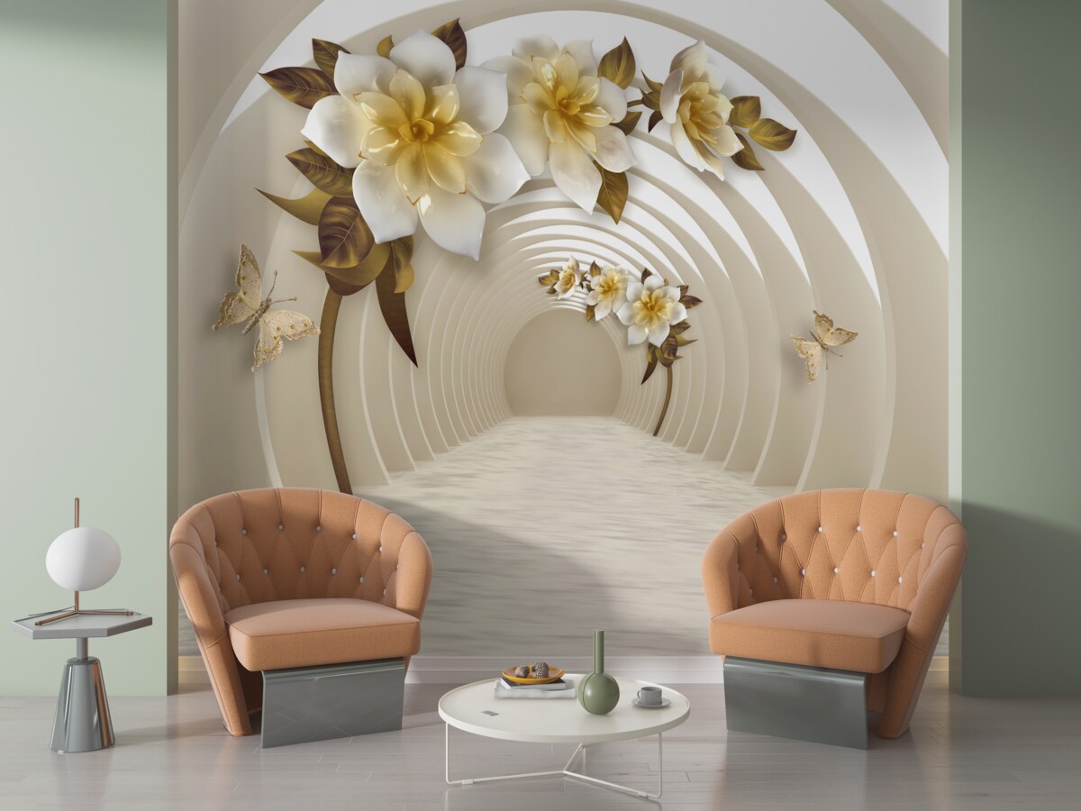 Fototapeta patrząc z perspektywy, można dostrzec białe lotosy ozdobione złotem