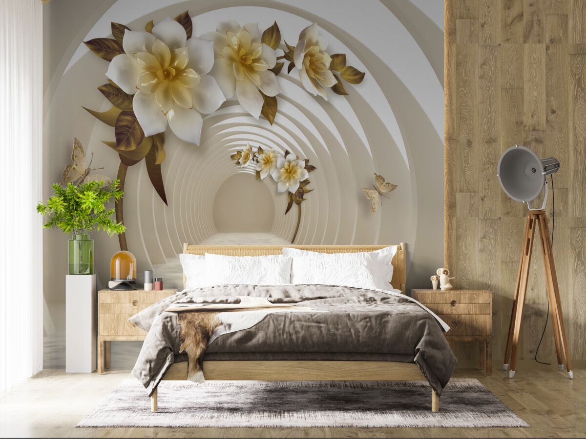 Fototapeta patrząc z perspektywy, można dostrzec białe lotosy ozdobione złotem