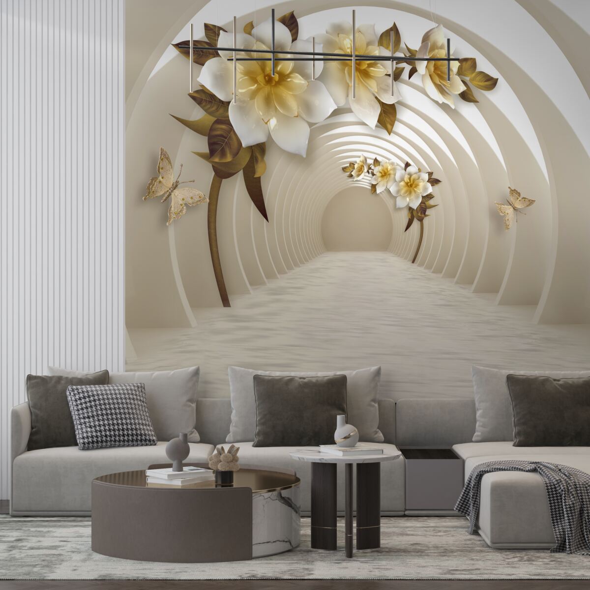 Fototapeta patrząc z perspektywy, można dostrzec białe lotosy ozdobione złotem