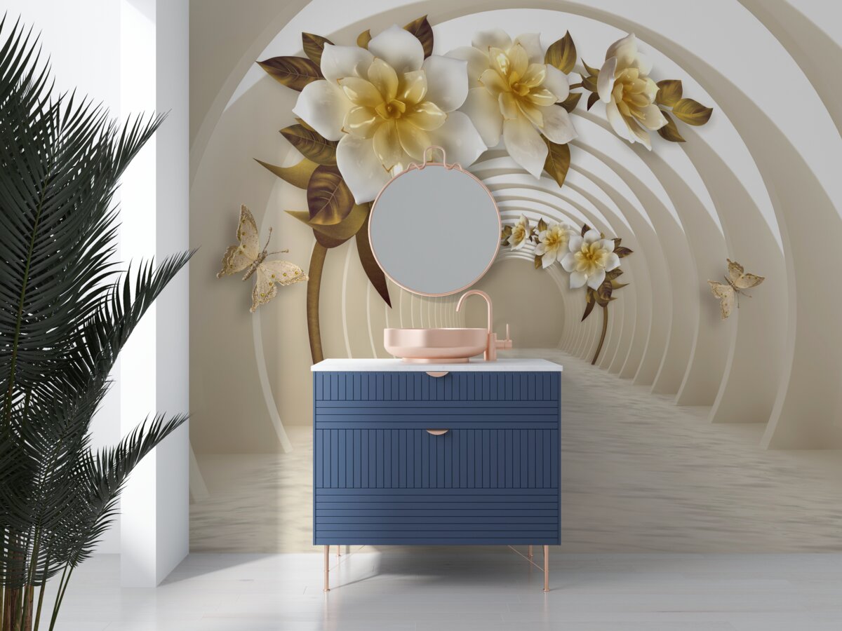 Fototapeta patrząc z perspektywy, można dostrzec białe lotosy ozdobione złotem