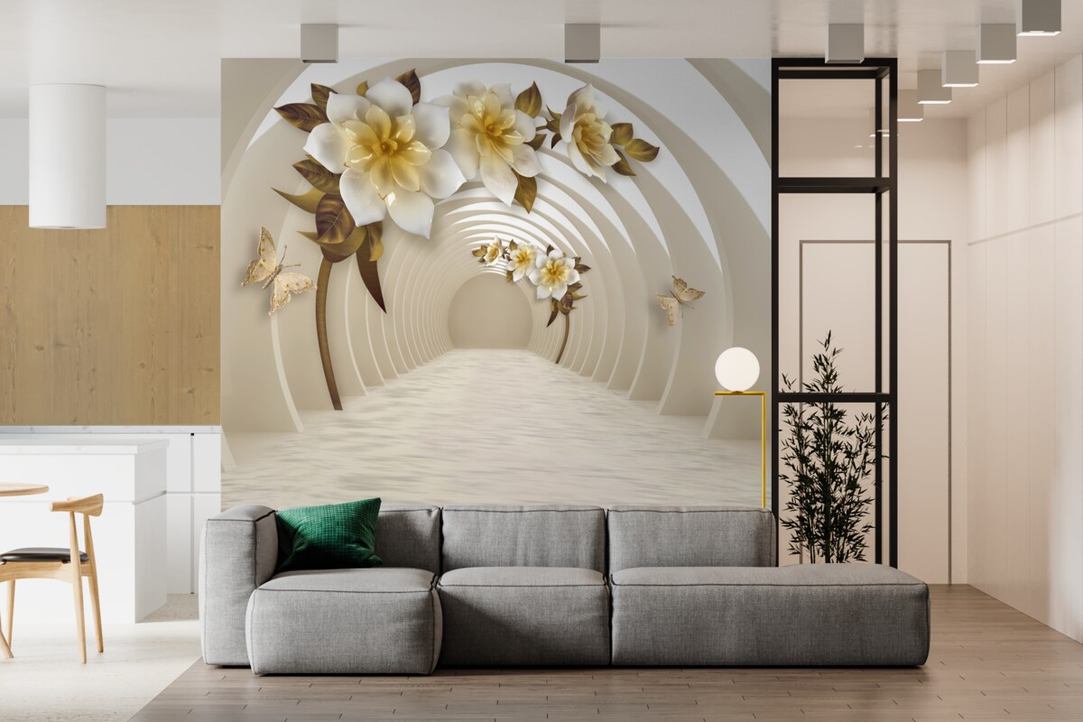 Fototapeta patrząc z perspektywy, można dostrzec białe lotosy ozdobione złotem