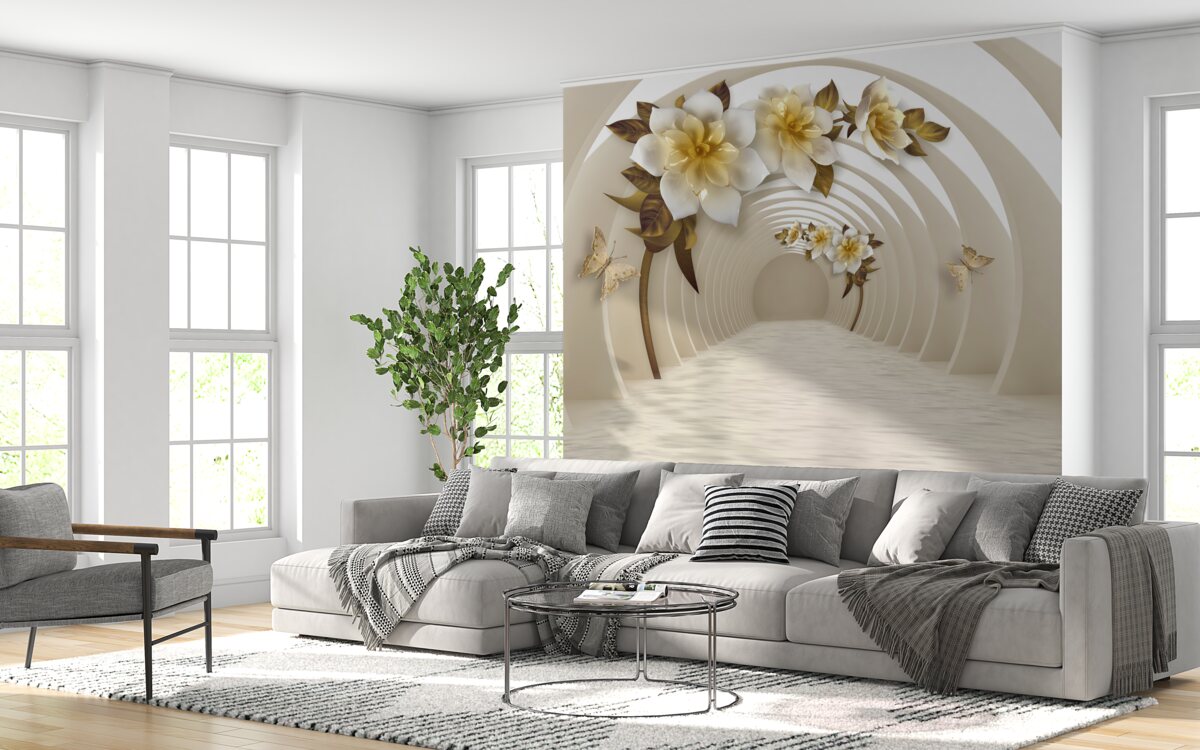 Fototapeta patrząc z perspektywy, można dostrzec białe lotosy ozdobione złotem