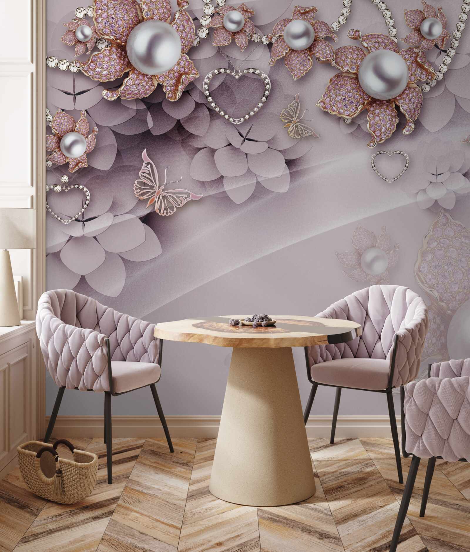 Fototapeta w centrum znajdują się perły otoczone delikatnymi różowymi kwiatami