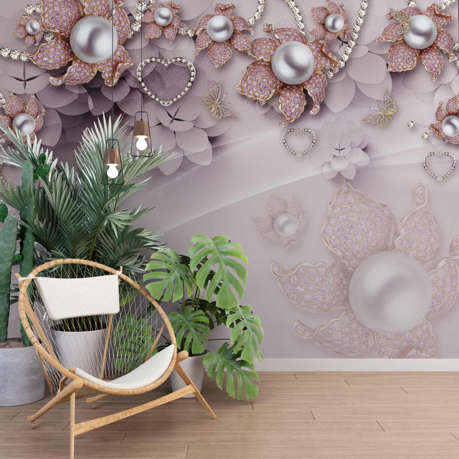 Fototapeta w centrum znajdują się perły otoczone delikatnymi różowymi kwiatami