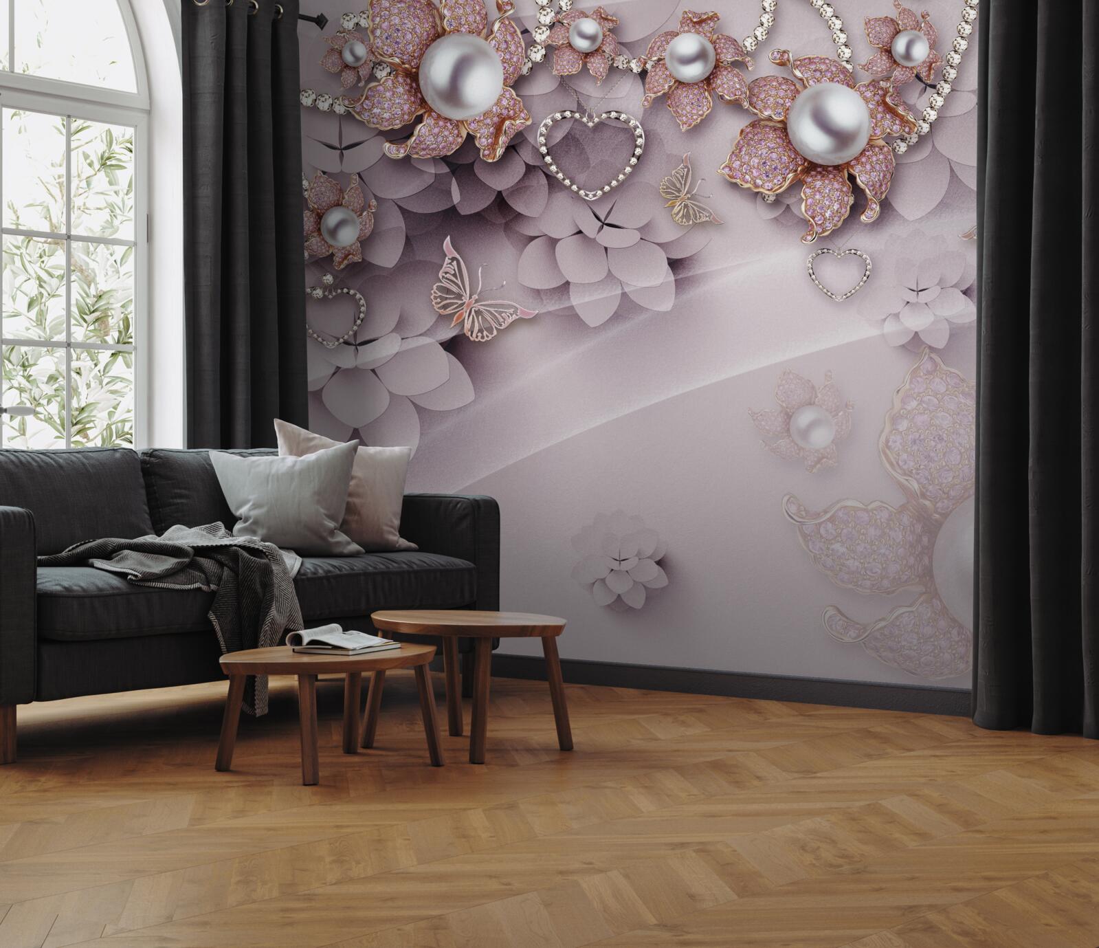 Fototapeta w centrum znajdują się perły otoczone delikatnymi różowymi kwiatami