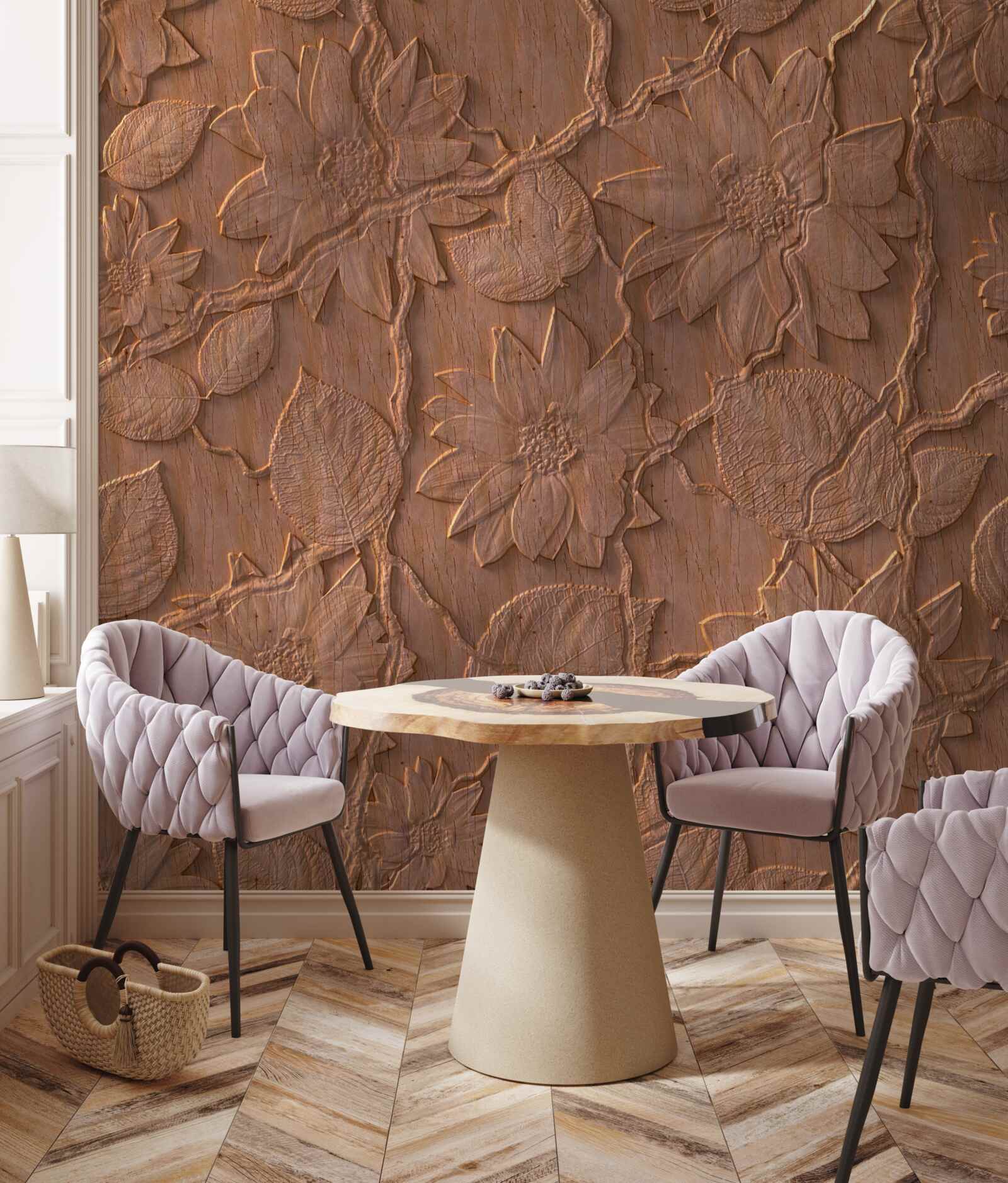 Fototapeta tynk z kwiatami, wykonany z surowego drewna