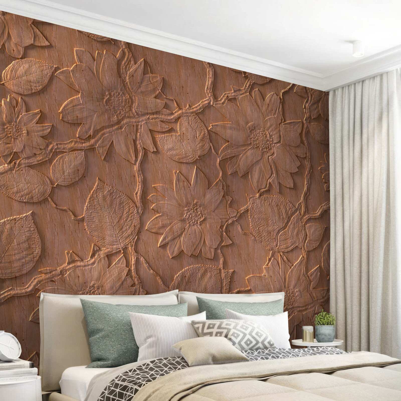 Fototapeta tynk z kwiatami, wykonany z surowego drewna