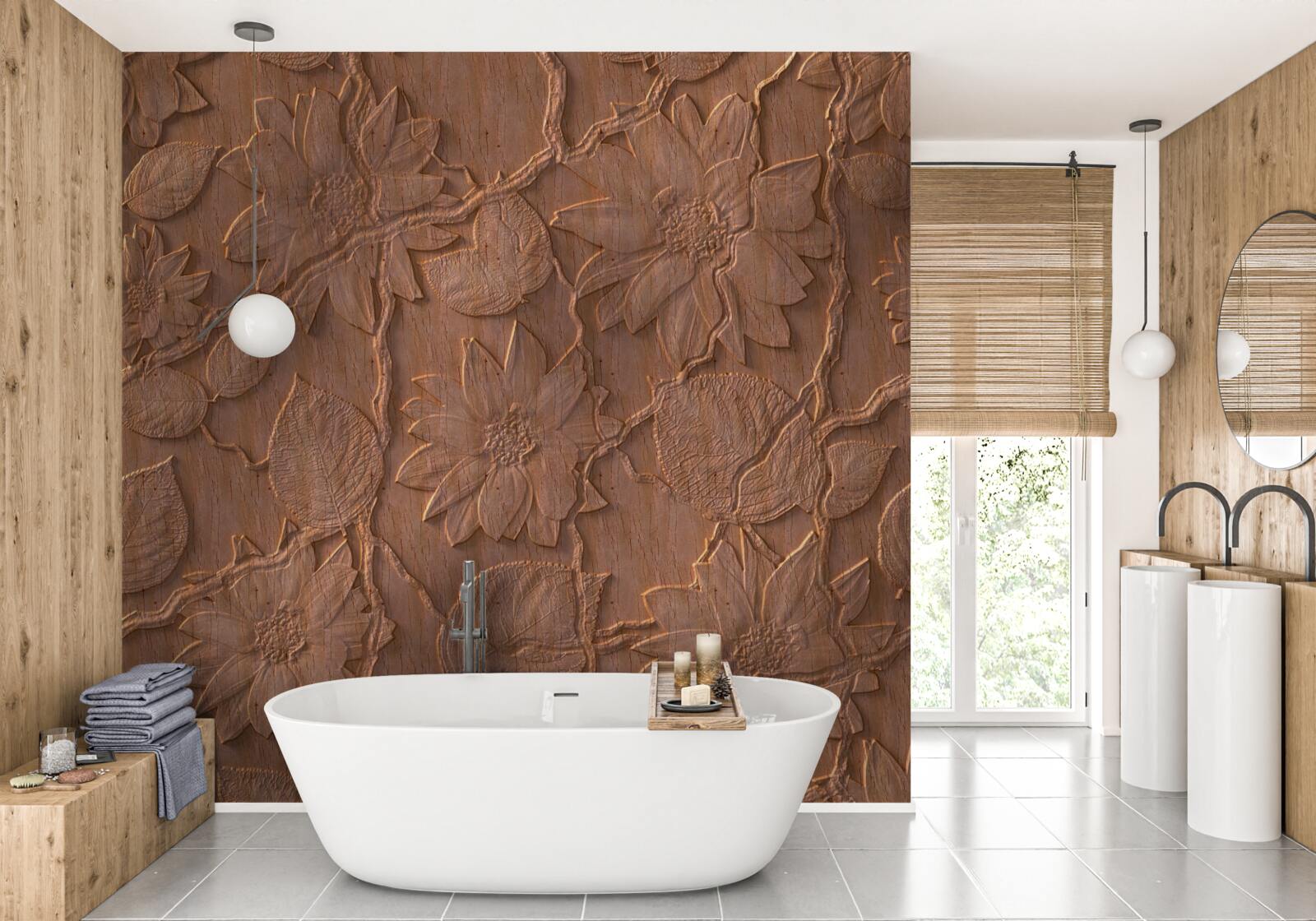 Fototapeta tynk z kwiatami, wykonany z surowego drewna