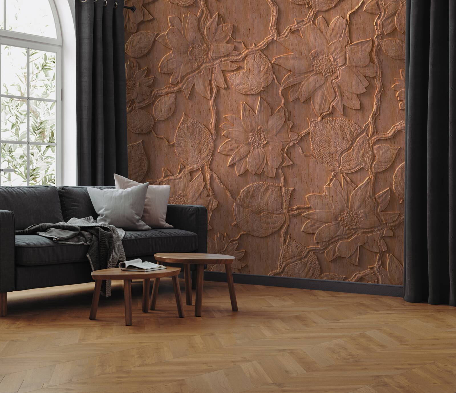 Fototapeta tynk z kwiatami, wykonany z surowego drewna