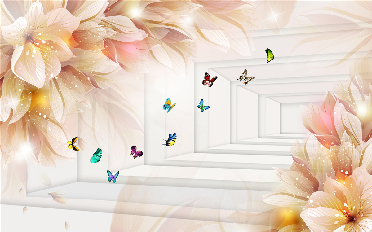 Fototapeta tunel jest pełen kolorów: kwiatów i kolorowych motyli