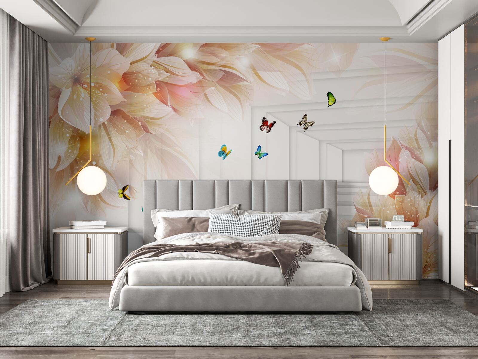 Fototapeta tunel jest pełen kolorów: kwiatów i kolorowych motyli