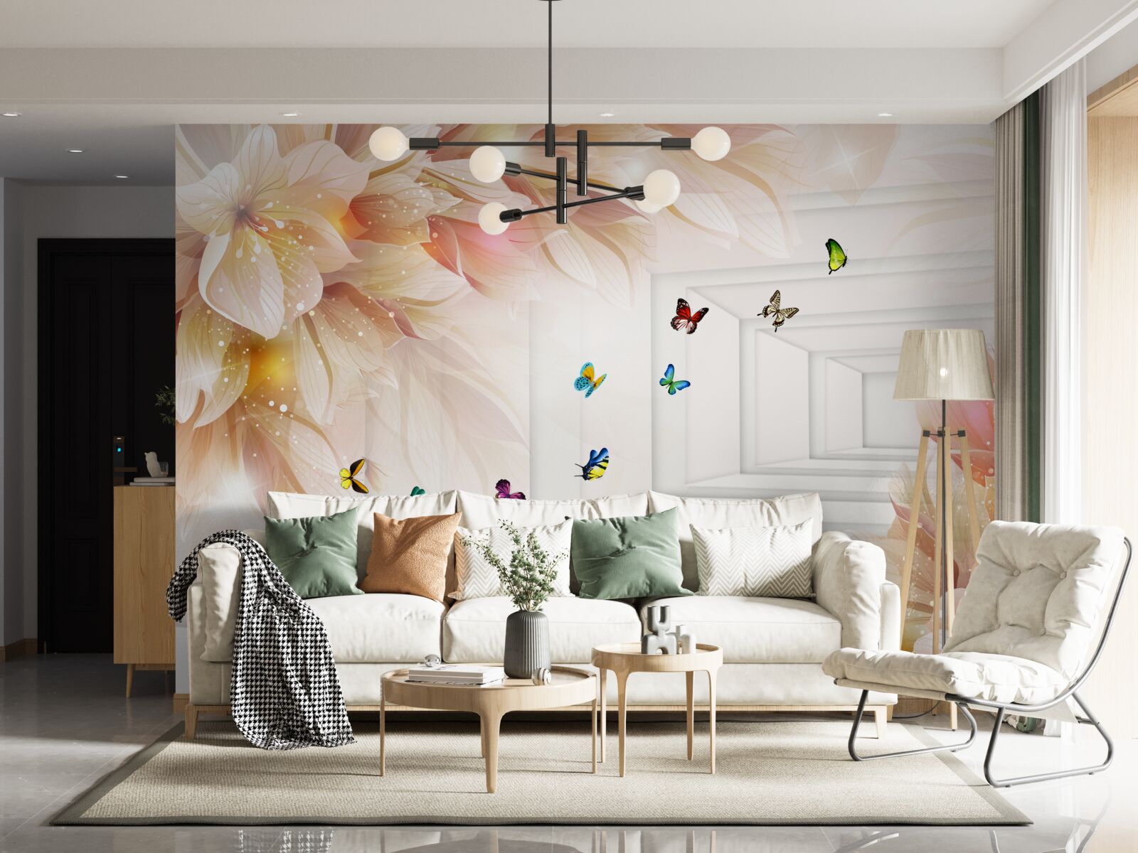 Fototapeta tunel jest pełen kolorów: kwiatów i kolorowych motyli