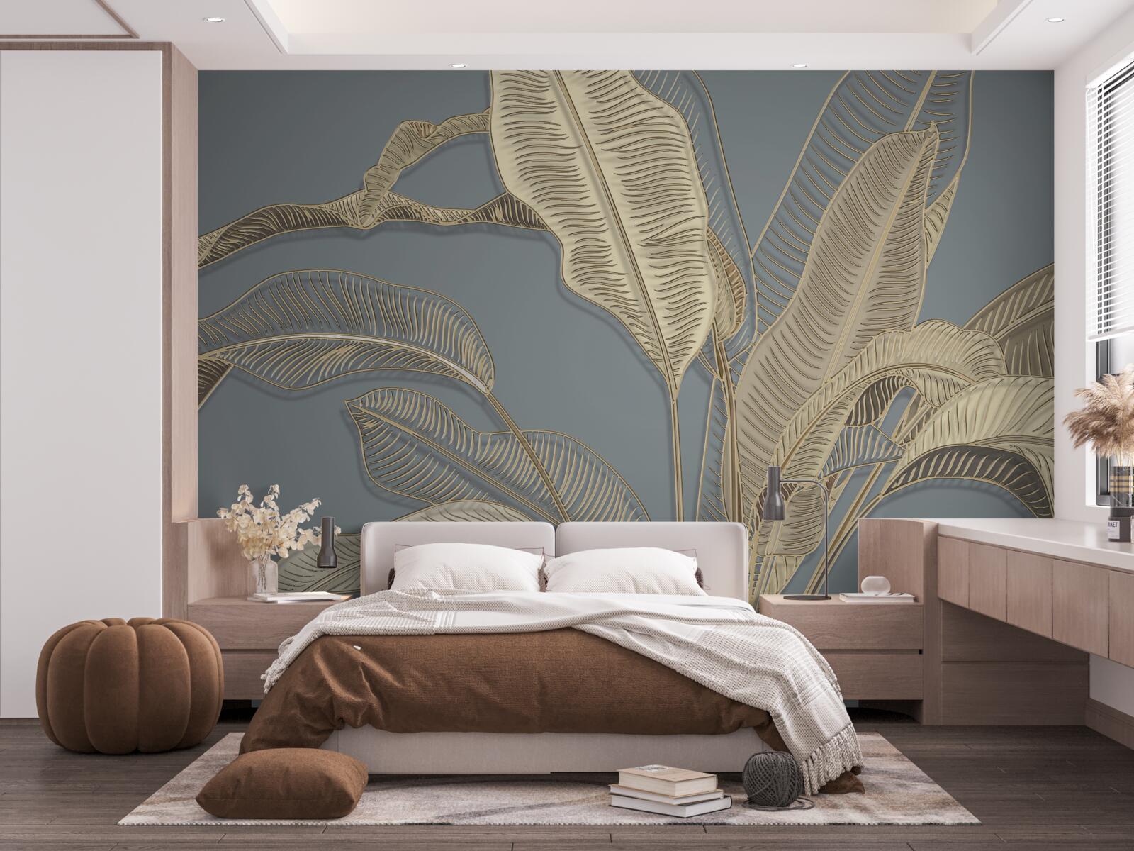 Fototapeta liście złotych piór migoczą jasno na ciemnym tle