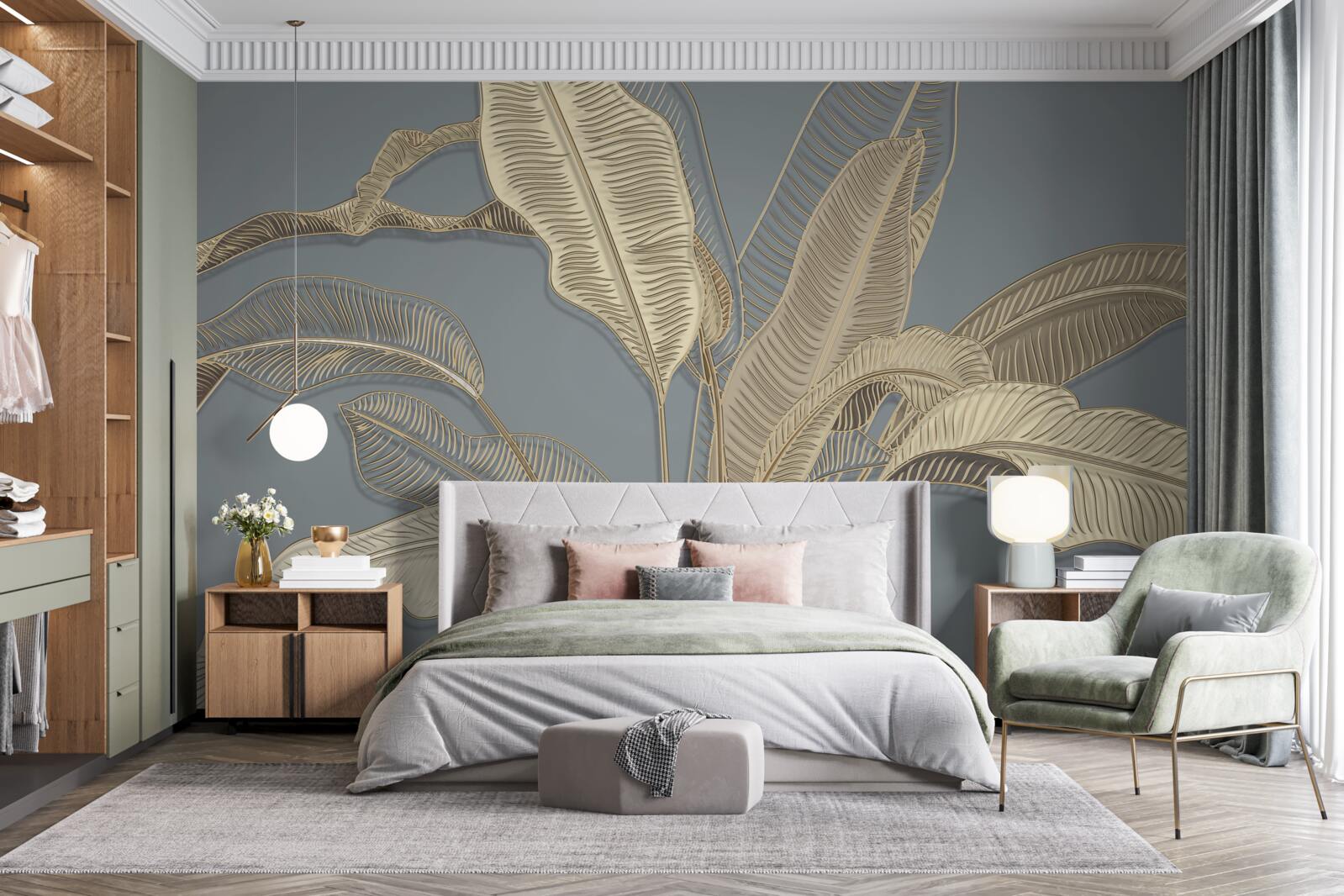 Fototapeta liście złotych piór migoczą jasno na ciemnym tle