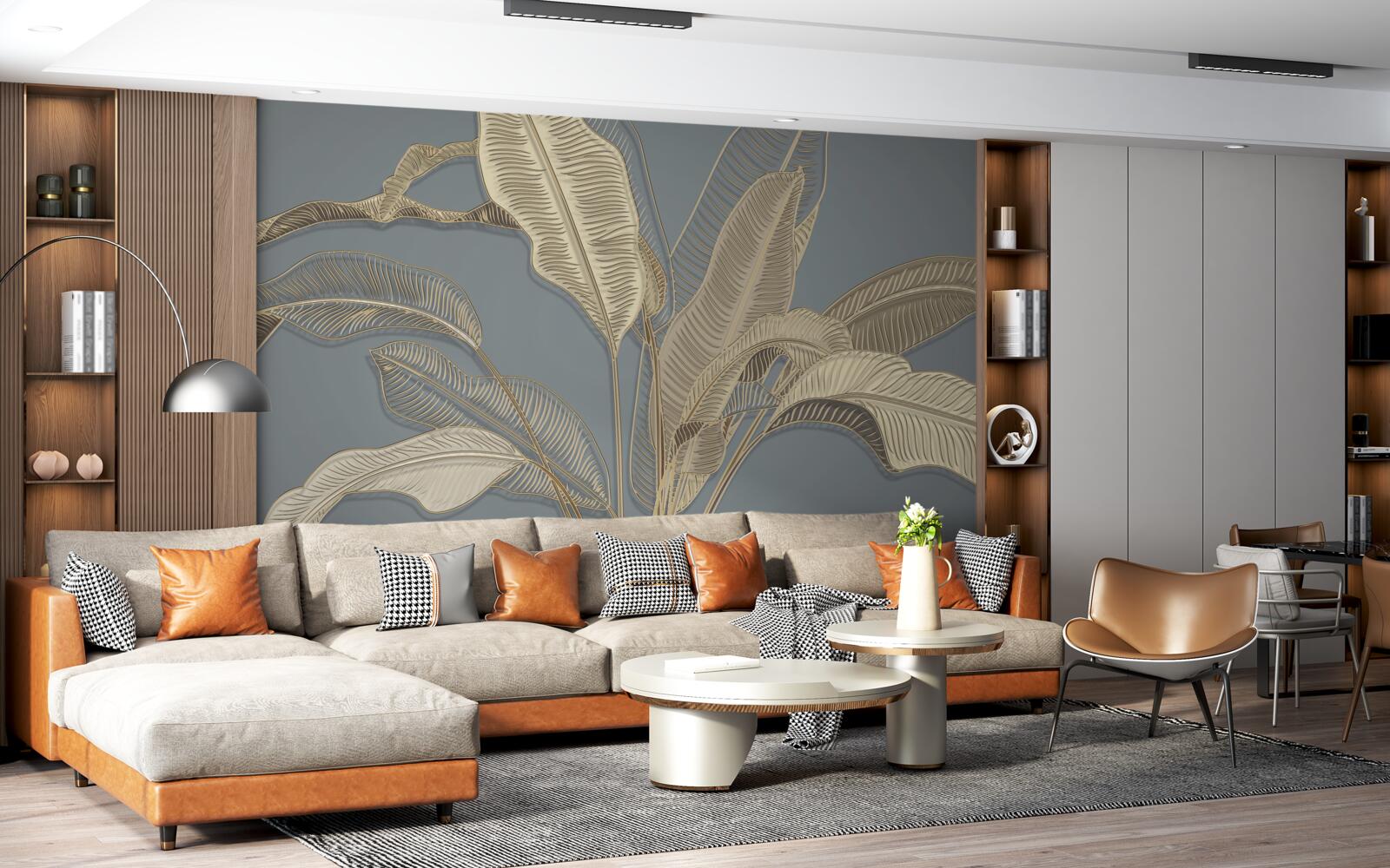 Fototapeta liście złotych piór migoczą jasno na ciemnym tle