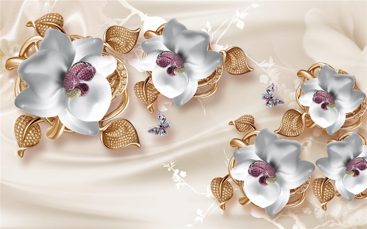 Fototapeta biała orchidea ze złotymi liśćmi