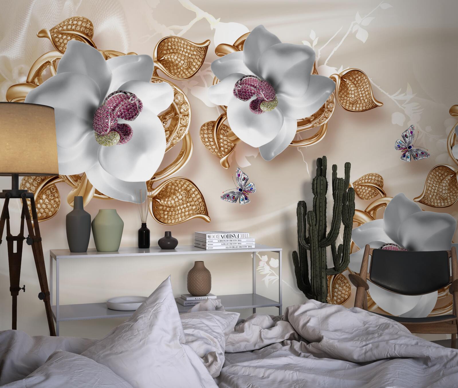 Fototapeta biała orchidea ze złotymi liśćmi