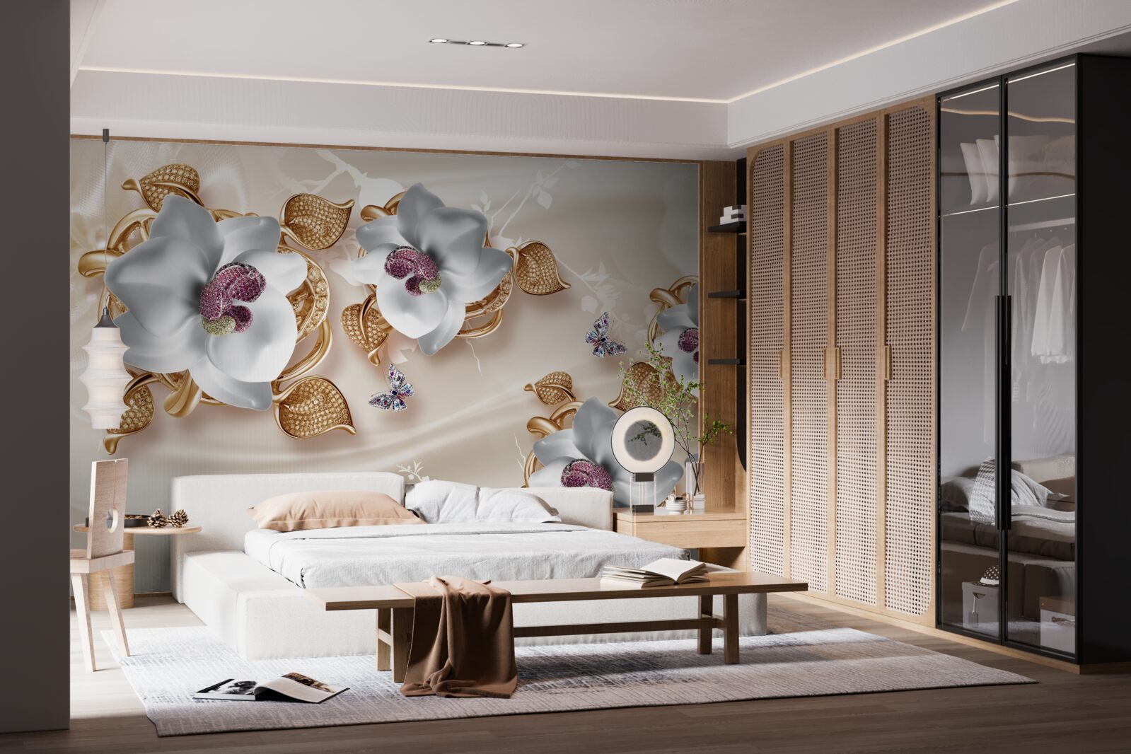 Fototapeta biała orchidea ze złotymi liśćmi