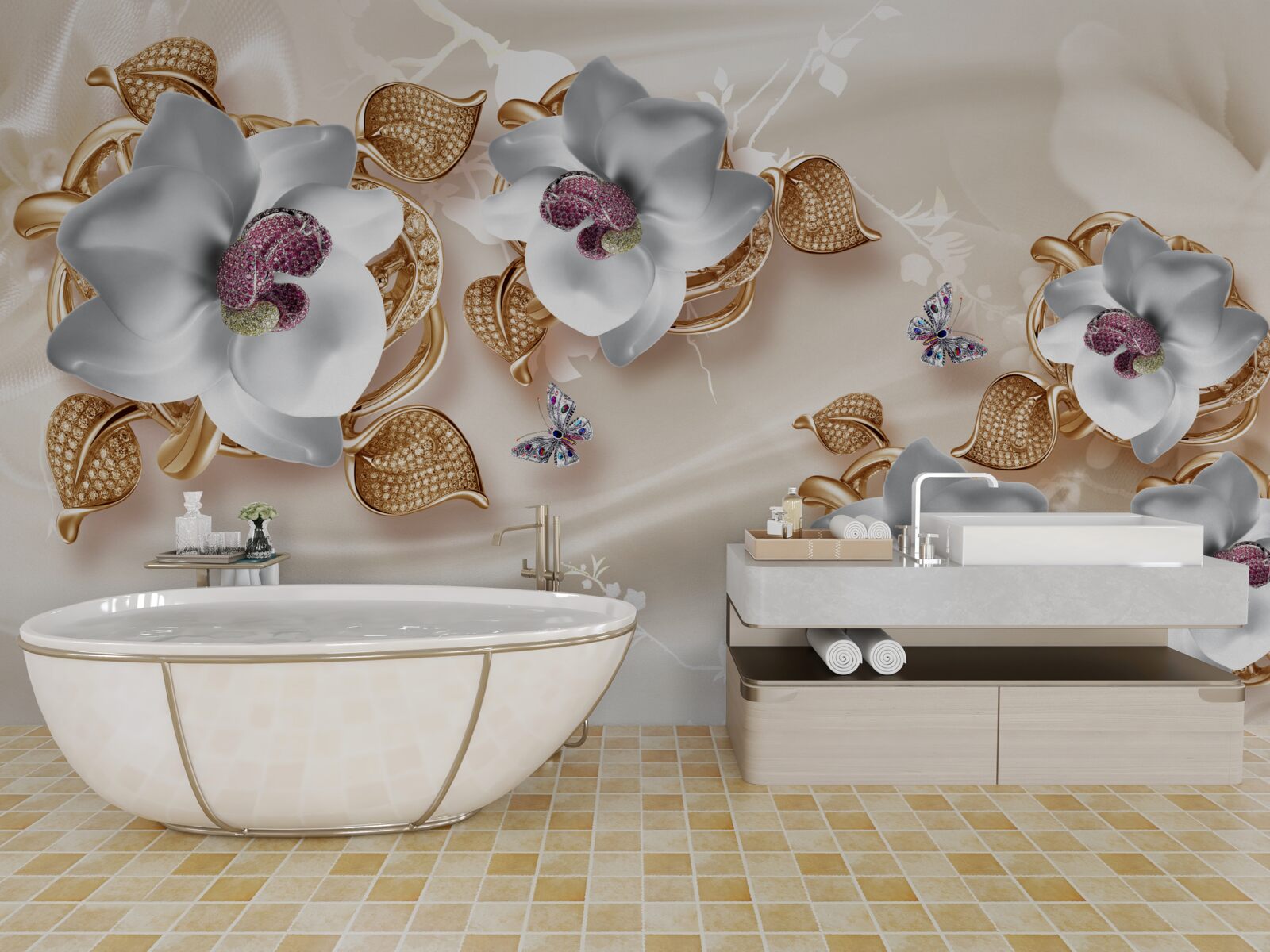 Fototapeta biała orchidea ze złotymi liśćmi