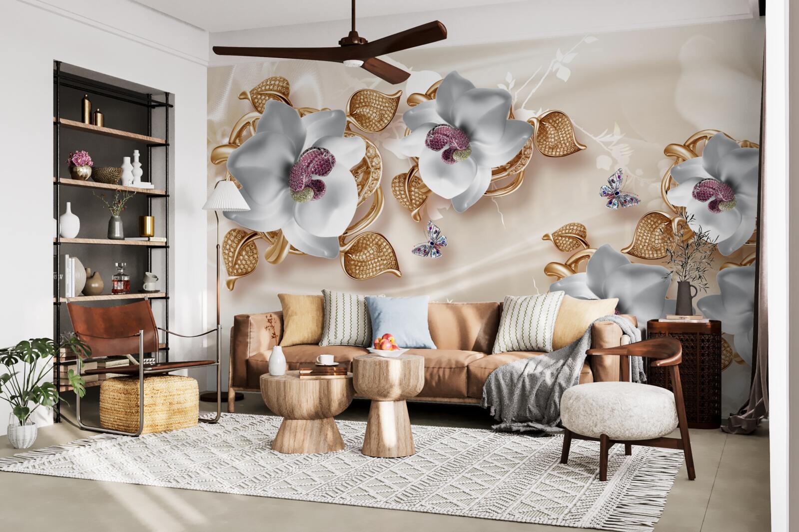 Fototapeta biała orchidea ze złotymi liśćmi