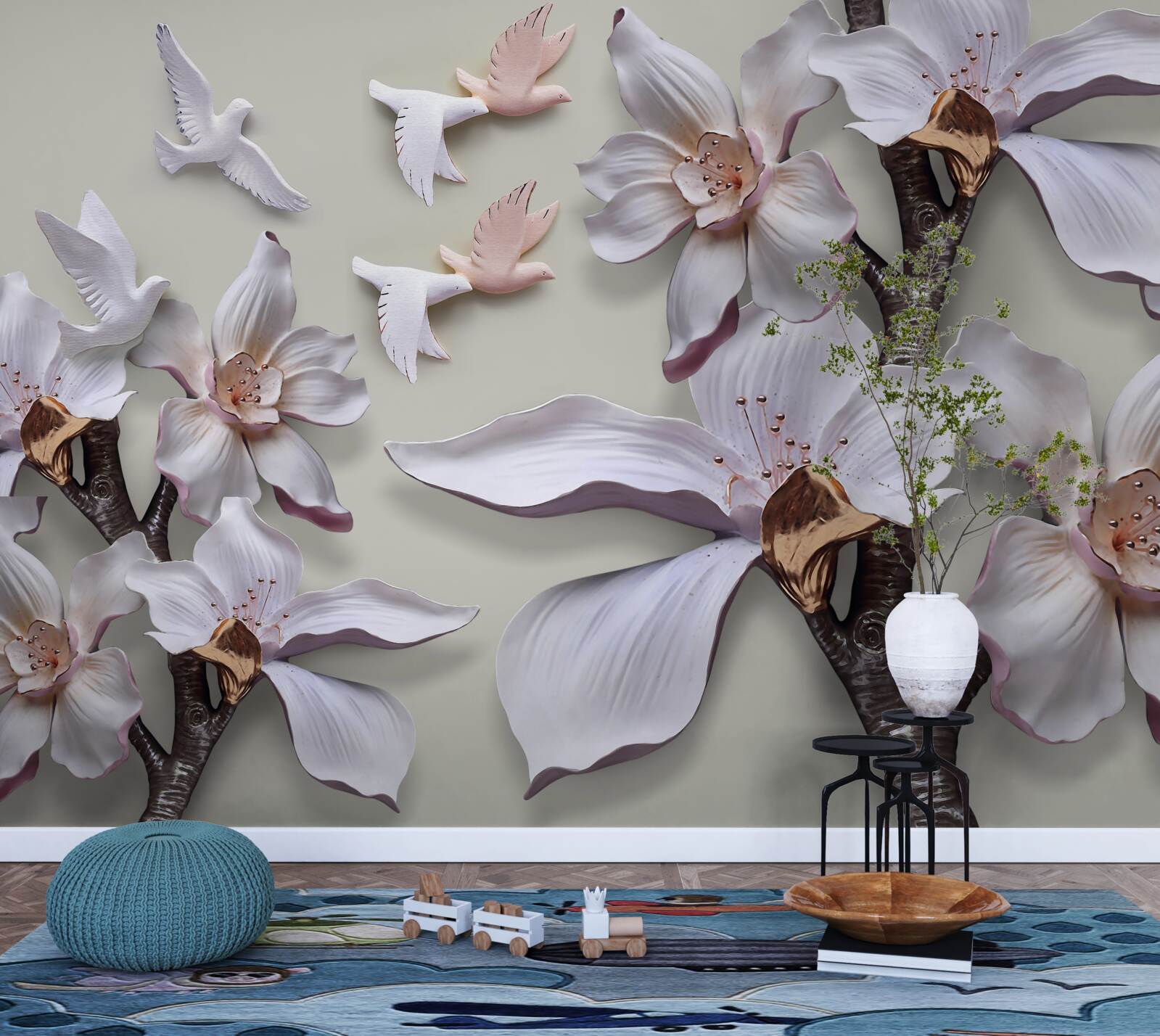 Fototapeta Śnieżnobiałe kwiaty i ptaki