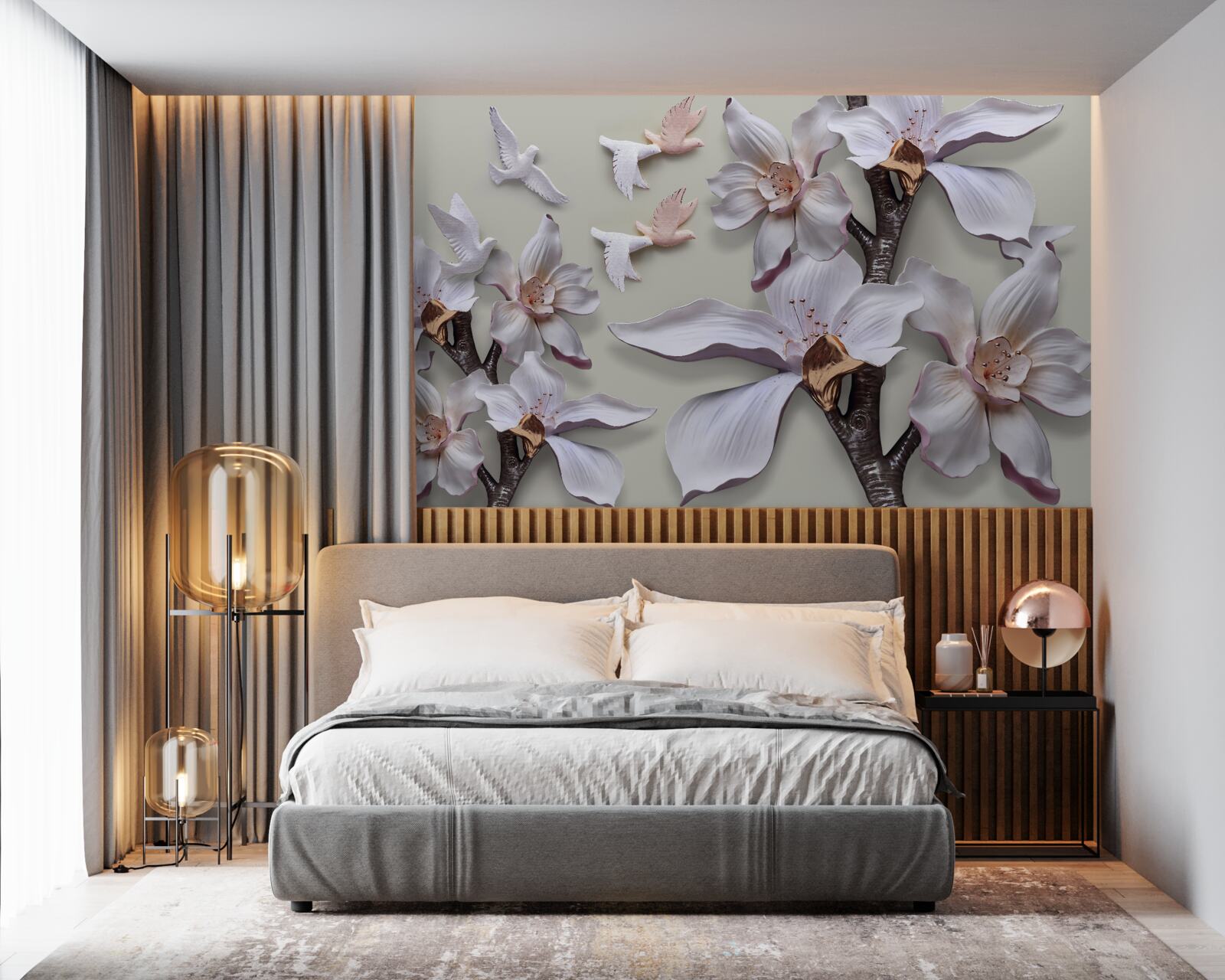 Fototapeta Śnieżnobiałe kwiaty i ptaki